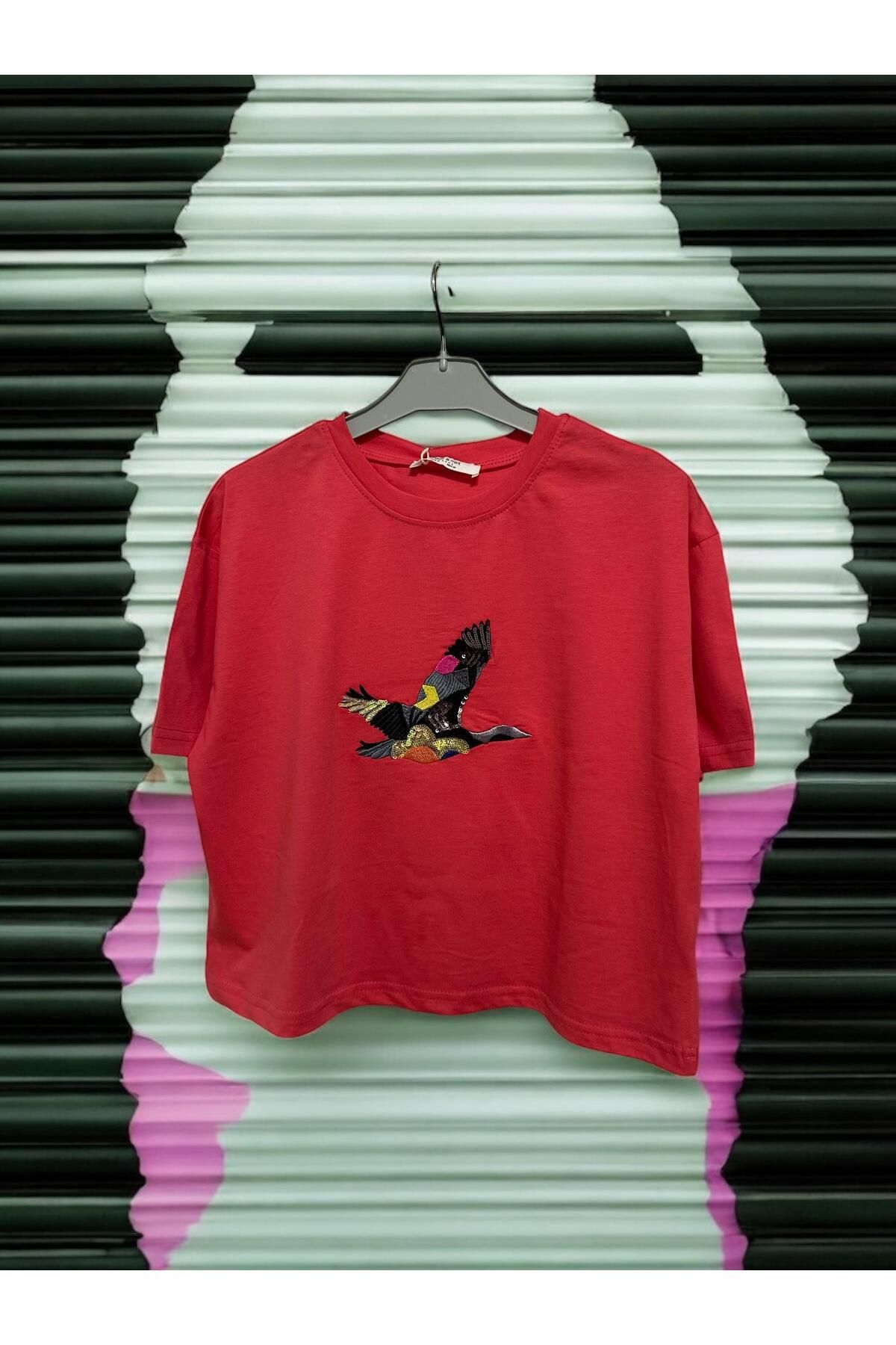 MUG collection Kadın Crop T-shirt Kuş Modeli
