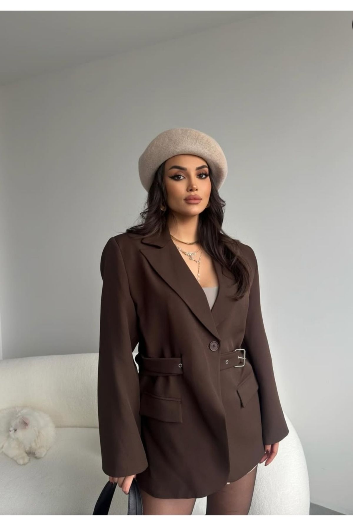 MissPul Kadın Yeni Sezon Kemer Detaylı Blazer Ceket kahve