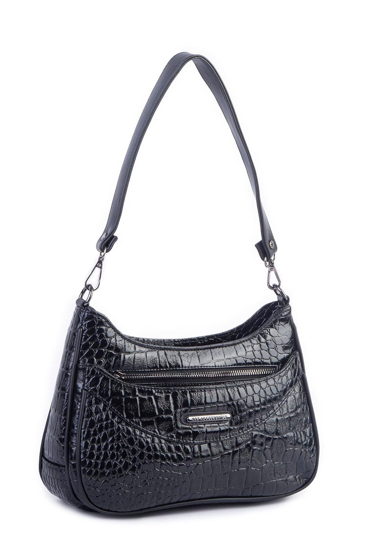 Nas Bag Kadın Omuz Ve Çapraz Baget Çanta - Siyah Kroko (28X17 CM)