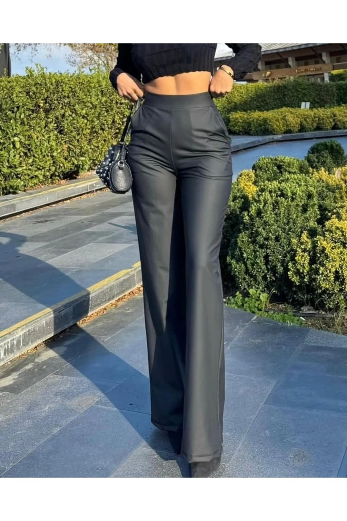 MODA Kadın Deri Kumaş Yüksek Bel Içi şardonlu Likralı Palazzo Deri Pantolon
