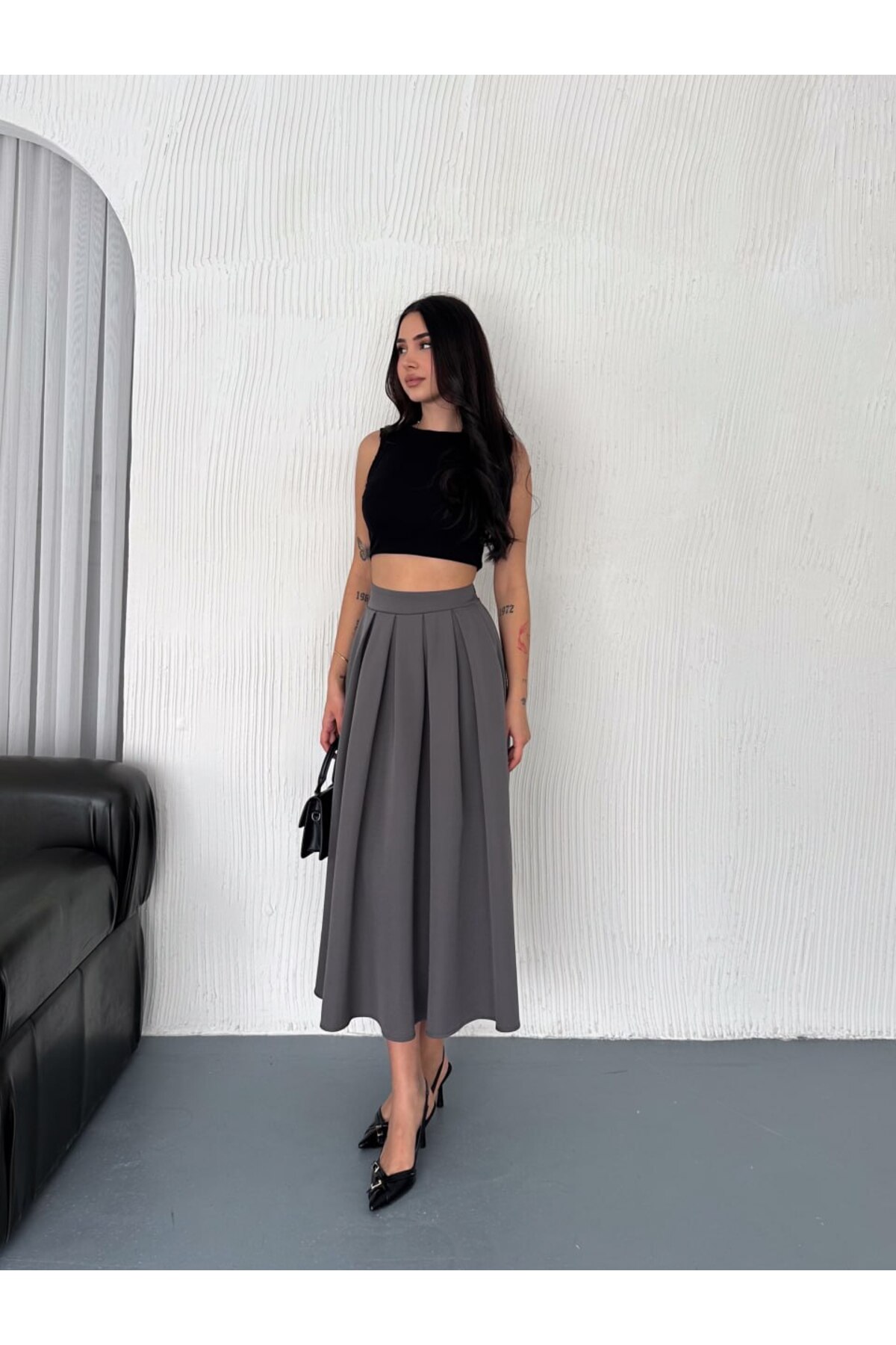 Winmoda34  KADIN DABIL KUMAŞ PİLELİ 86 CM TAM BOY UZUN ETEK - Görsel 5