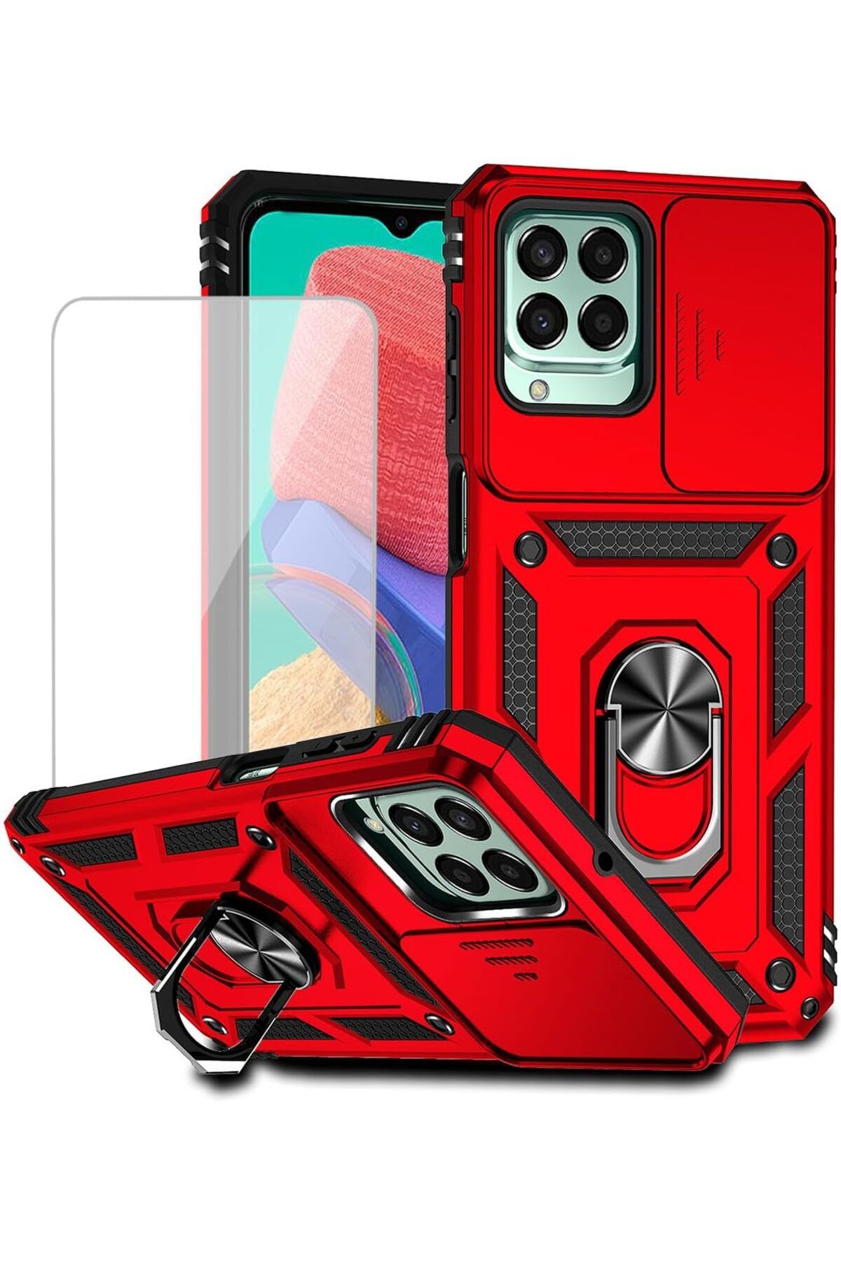 Rivor Samsung Galaxy M33 Uyumlu Kılıf Kamera Sürgülü Standlı Yüzüklü Darbe Emici Zırh Koruyucu Tank Kapak