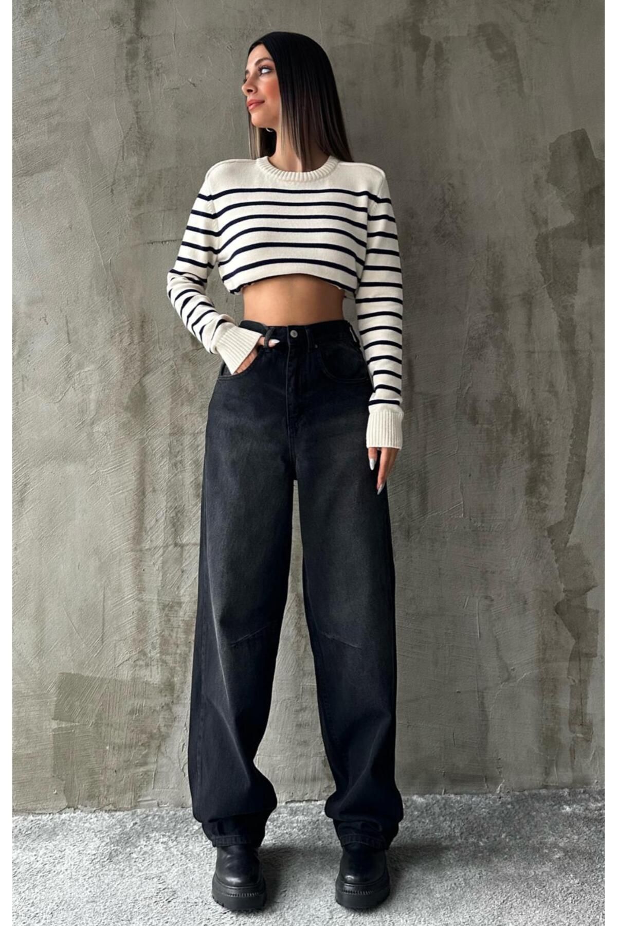 Shield Life Beli Tokalı Baggy Oversize Kadın Pantolon Yüksek Bel Yazlık Jean