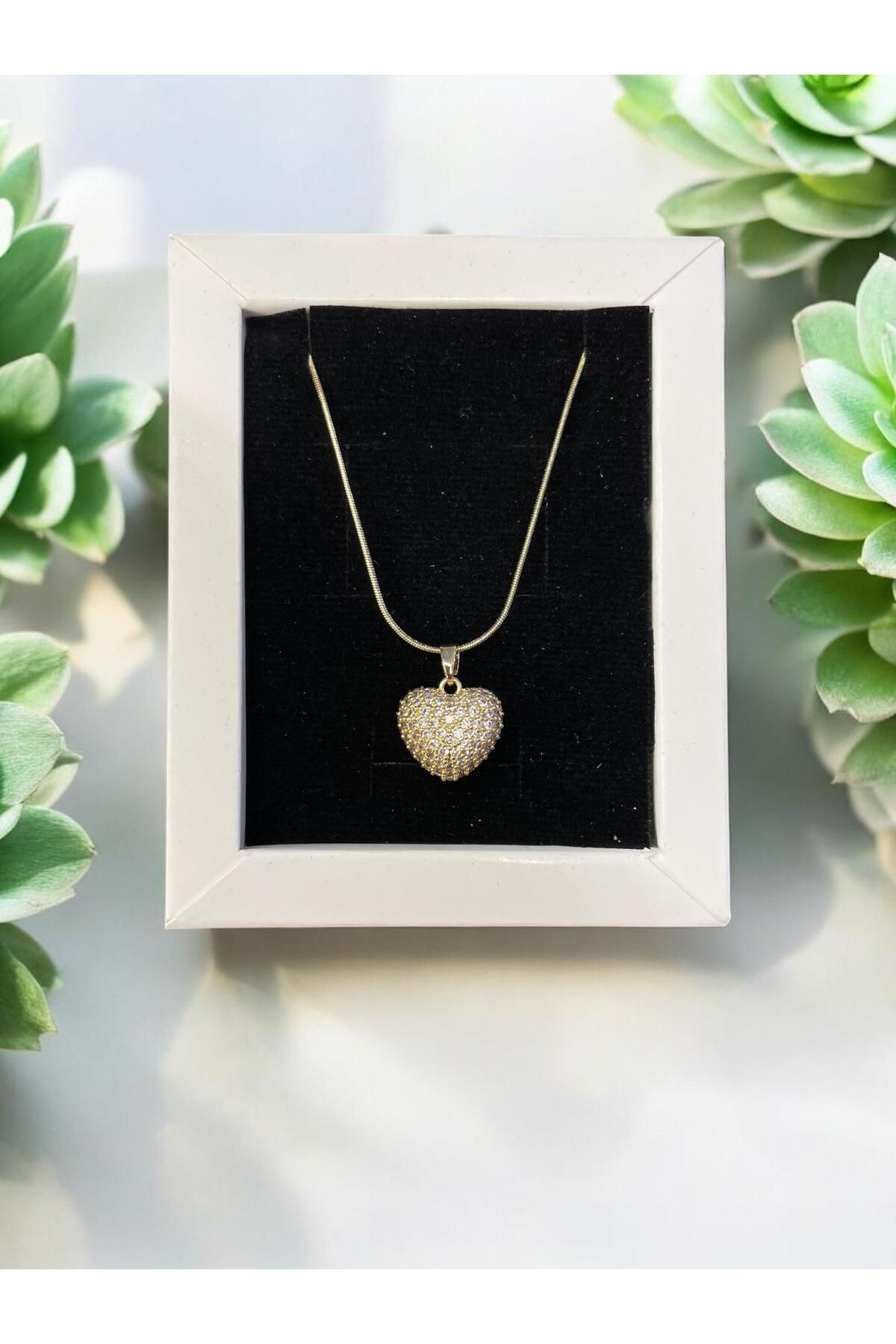 Tio Accessory ÇELİK Kararmaz Paslanmaz Düz Zincirli Parlak Taşlı Kalp Gold Kolye