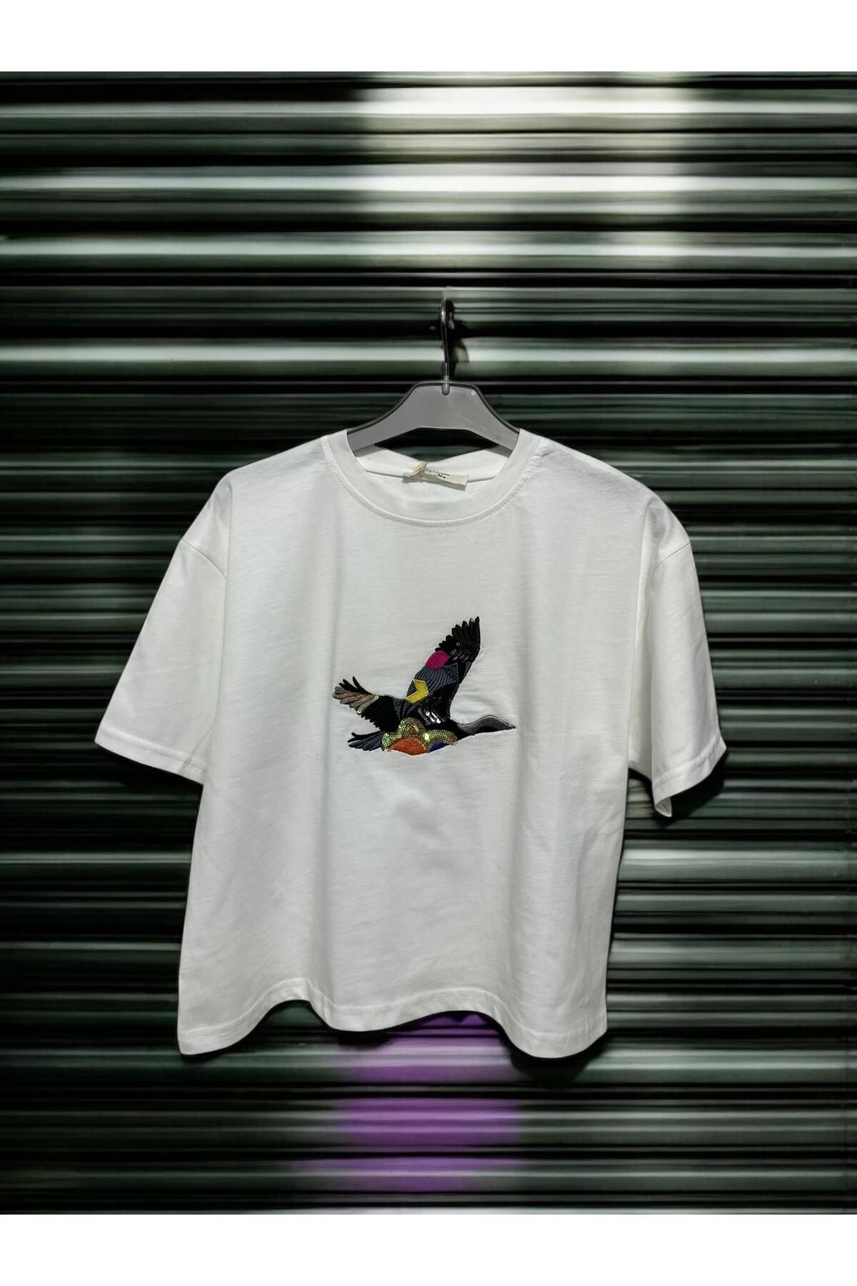 MUG collection Kadın Crop T-shirt Kuş Modeli