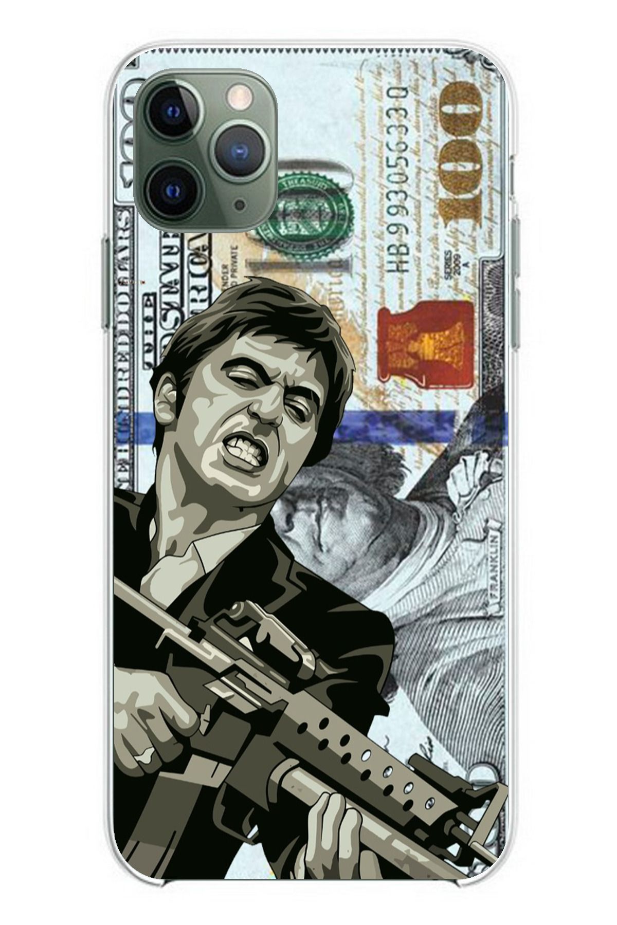 TechTree iPhone 11 PRO Uyumlu Scarface Dolar Tasarımlı Şeffaf Silikon Kılıf