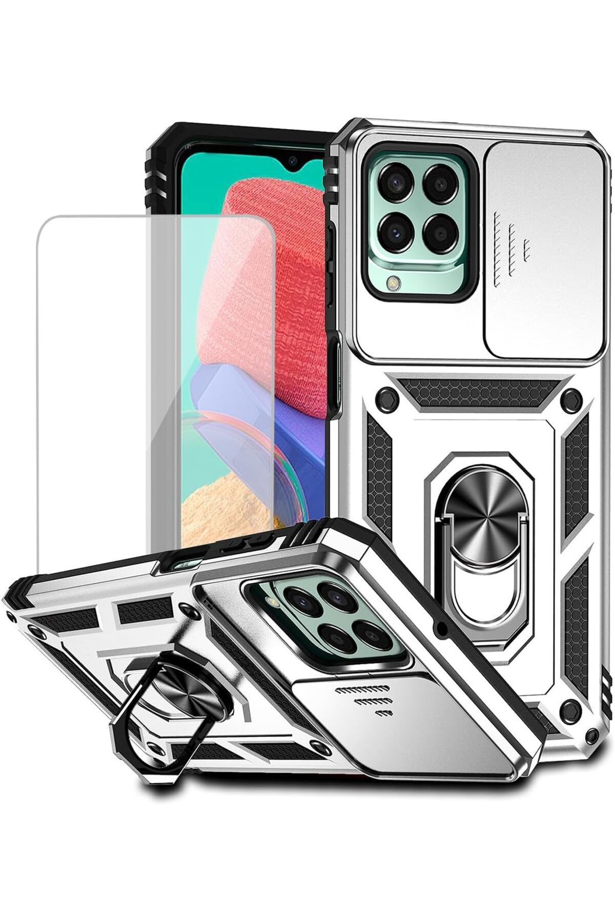 Rivor Samsung Galaxy M33 Uyumlu Kılıf Kamera Sürgülü Standlı Yüzüklü Darbe Emici Zırh Koruyucu Tank Kapak