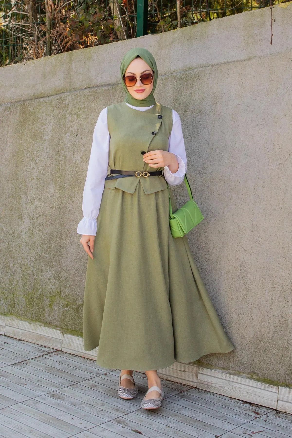 Trendy Butik Kadın Ally Keten Yelek Etek Takım-Haki