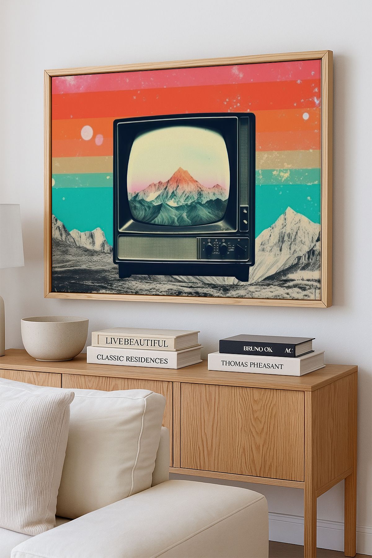 AKSU SANAT Retro Tüplü Televizyon, illüstrasyon ÇERÇEVELİ Kanvas Tablo, ÇİFT ÇERÇEVELİ Tablo 1KTBL232