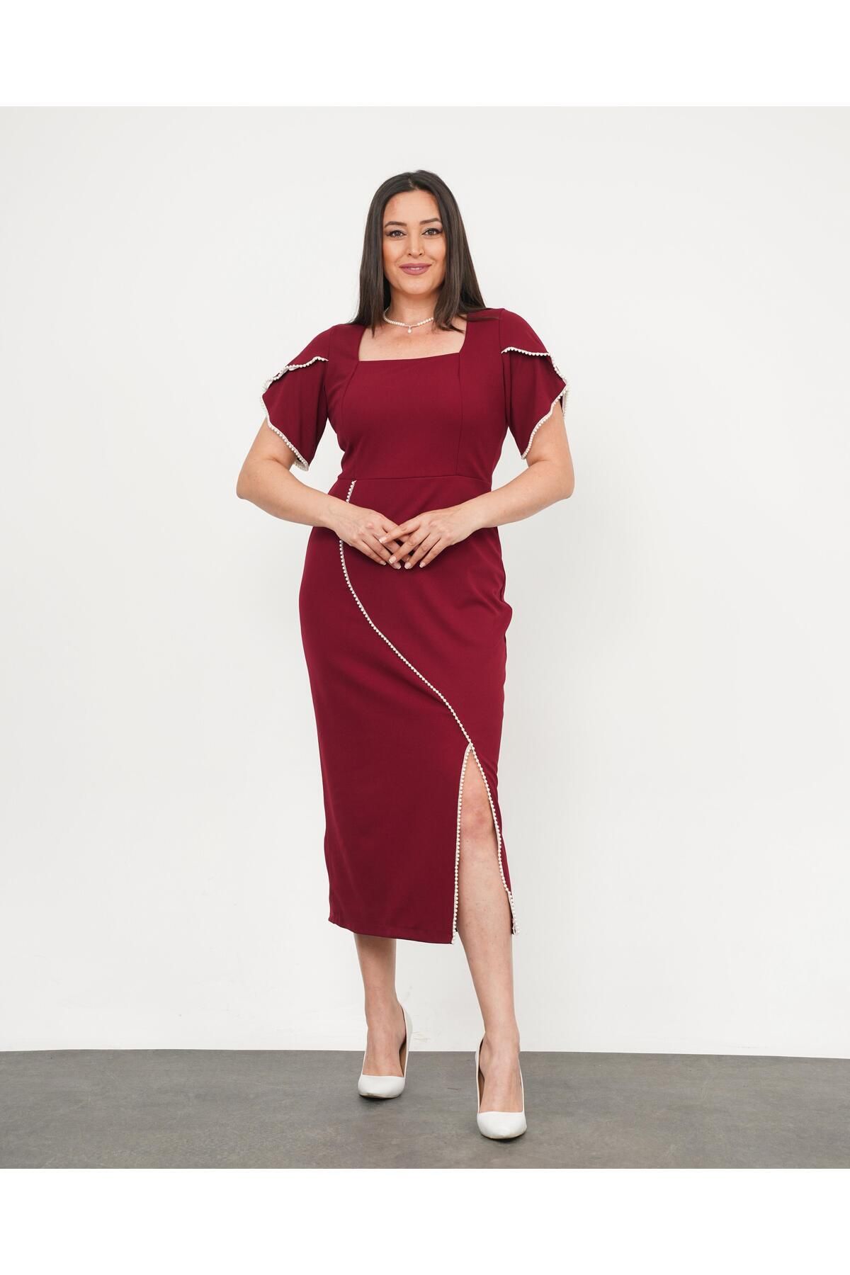 Butik Nilyam Kadın Büyük Beden Kare Yaka Kol ve Etek İnci Şerit Detaylı Midi Abiye Elbise 24770