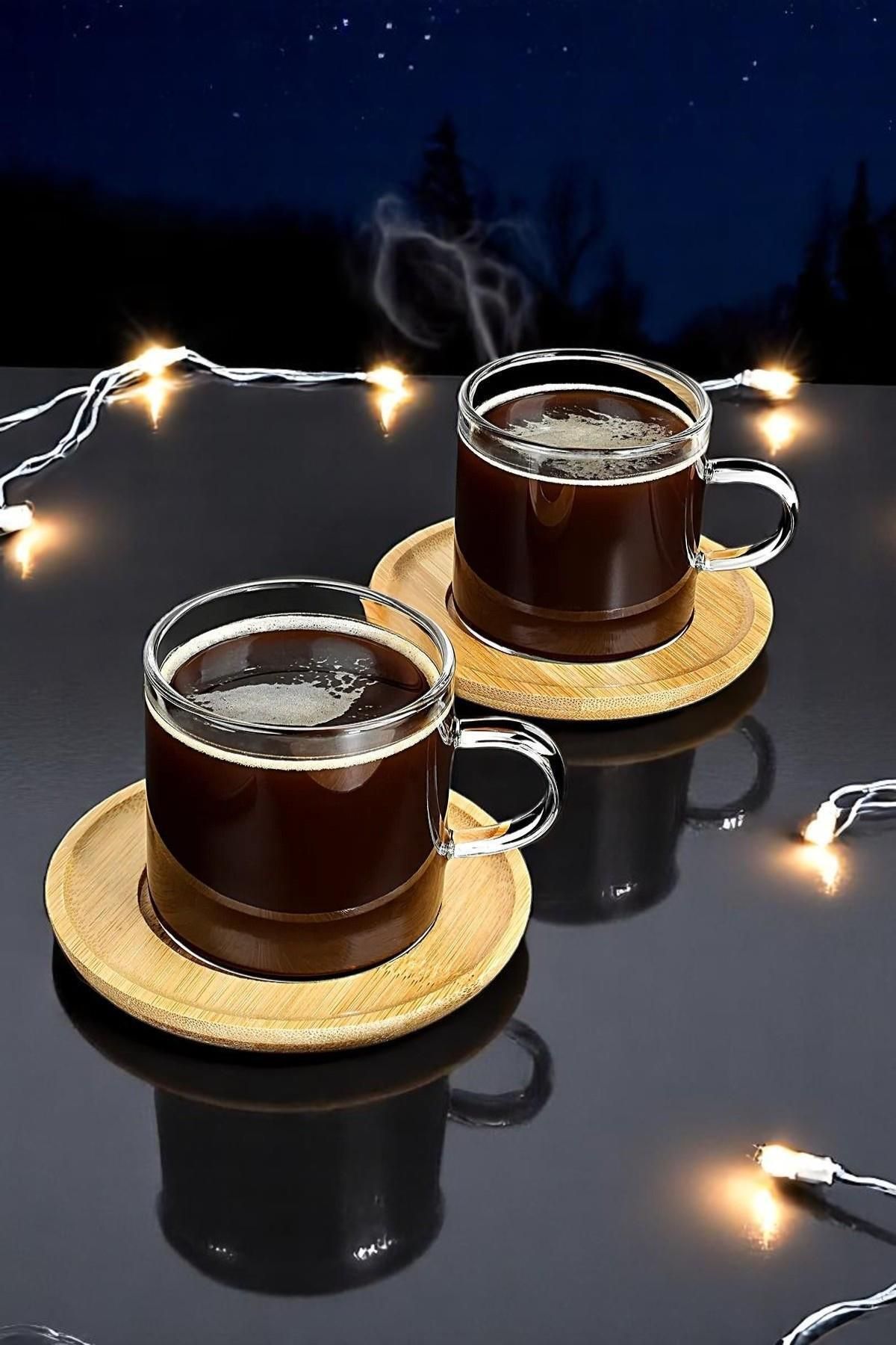 ALBETTO Espresso Fincan 6'lı Bardak ve Bambu 6'lı Altlık Seti