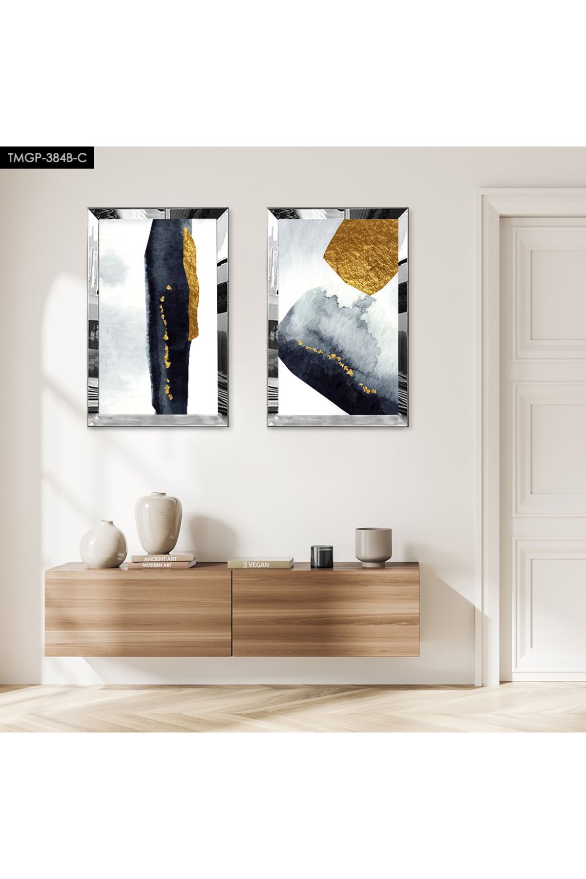 Zevahir Mobilya Dekorasyon GÜMÜŞ AYNALI PLEKSİ ÇERÇEVELİ SİYAH VE GOLD MODERN SOYUT ŞEKİLLER İKİLİ MDF TABLO SETİ
