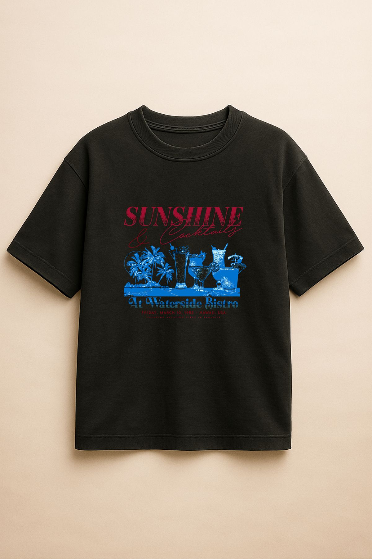 Altair Tr Siyah Renk Oversize Sunshine Coctails Kokteyl Baskılı Unisex Tişört T-Shirt