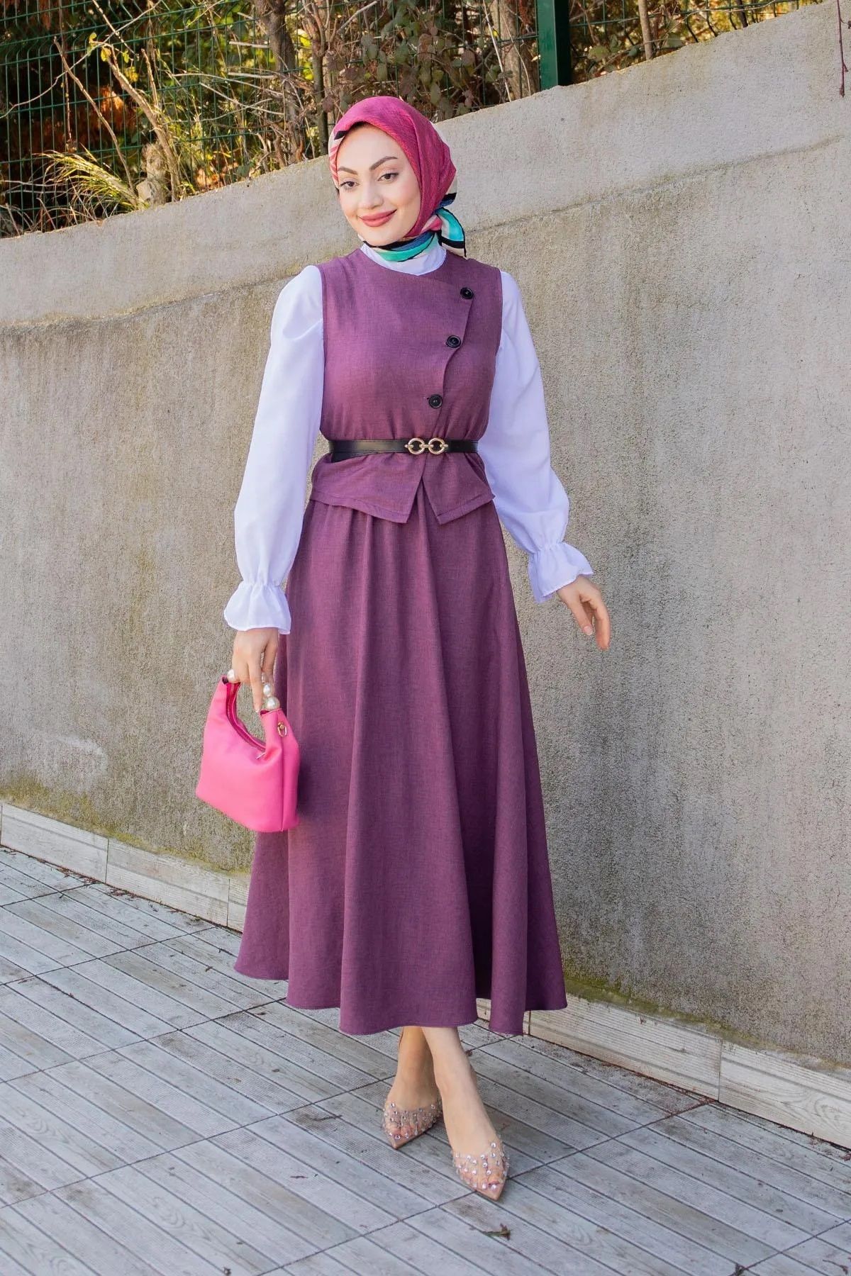 Trendy Butik Kadın Ally Keten Yelek Etek Takım-Lila