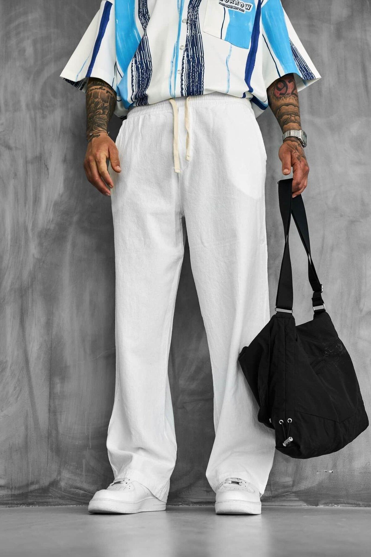 ablukaonline Erkek Baggy Fit Keten Görünümlü Pantolon Beyaz