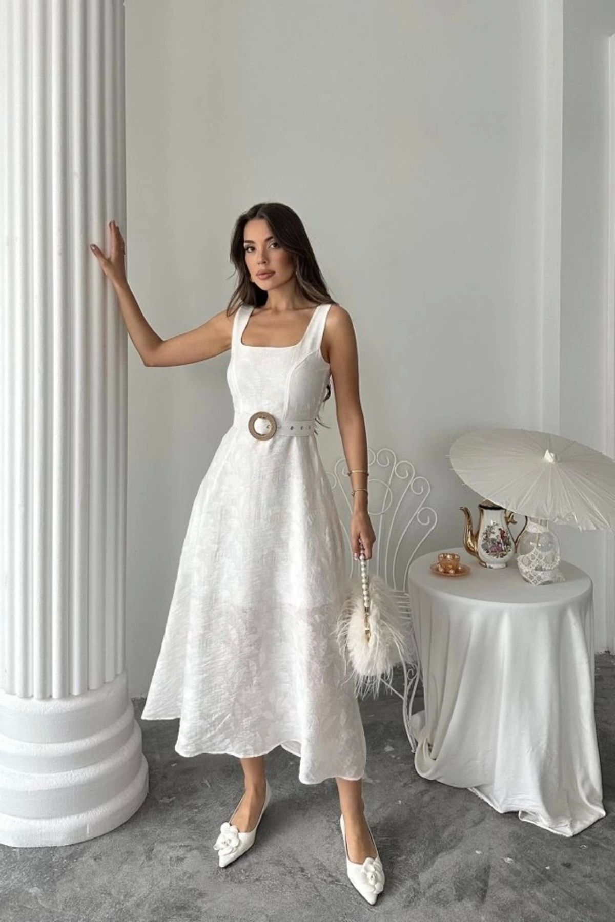 Butik Ekru Kuplu Uzun Elbise