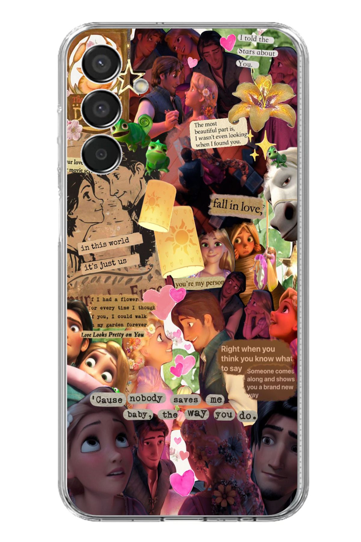 TechTree Samsung Galaxy M15 Uyumlu Rapunzel Tangled Çıkartma Kolaj Tasarımlı Şeffaf Silikon Kılıf