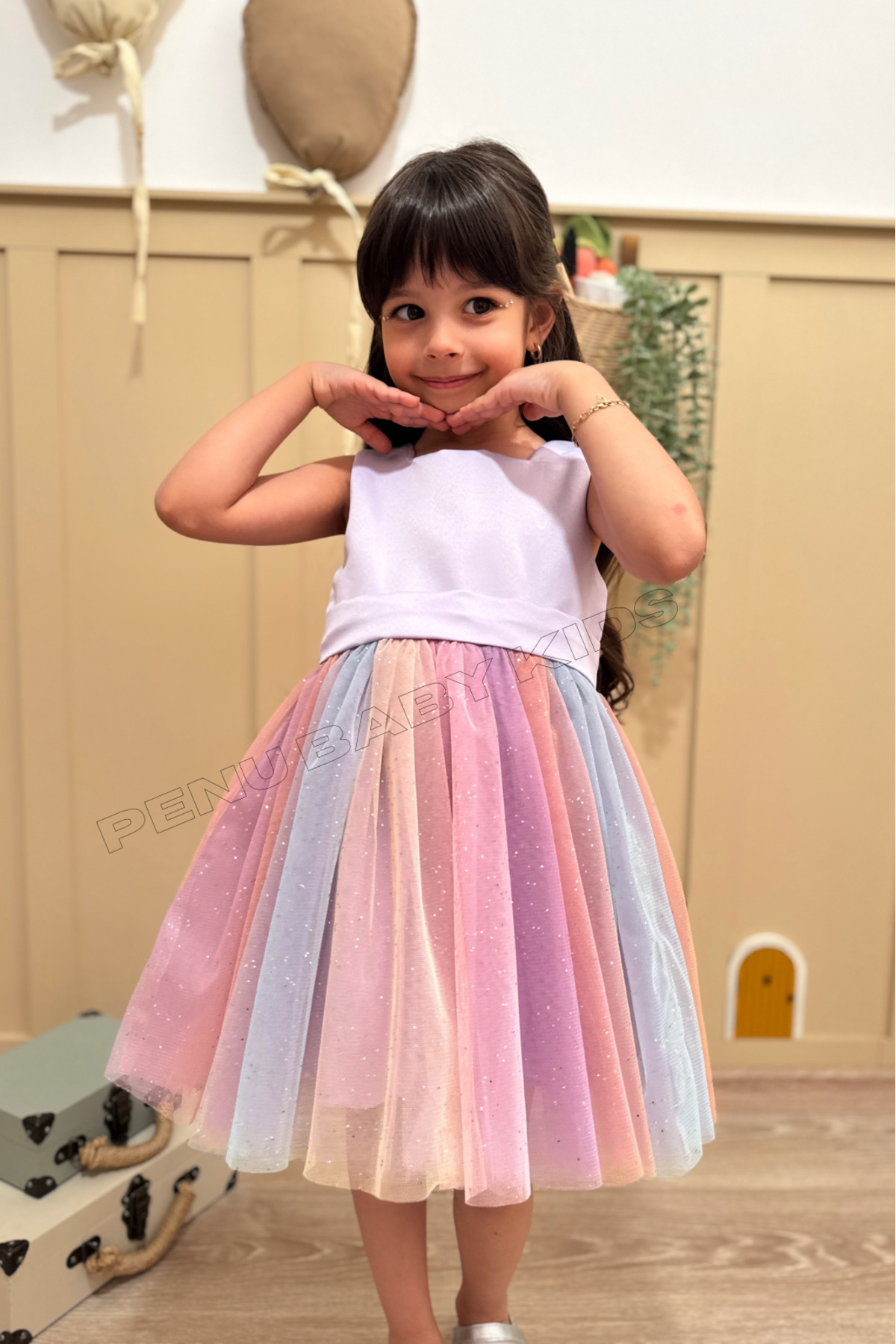 penu baby kids Lila Üstü Kolsuz Saten Kare Yaka Rengarenk Etekli Fiyonklu Kız Çocuk Kız Bebek Elbise
