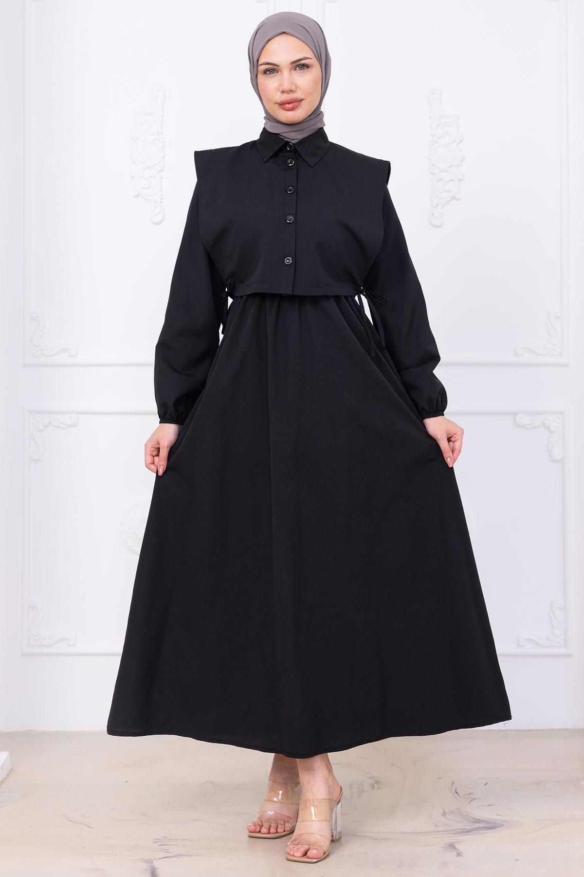 hafsamina Bolerolu Beli Lastikli Elbise Siyah HM2756