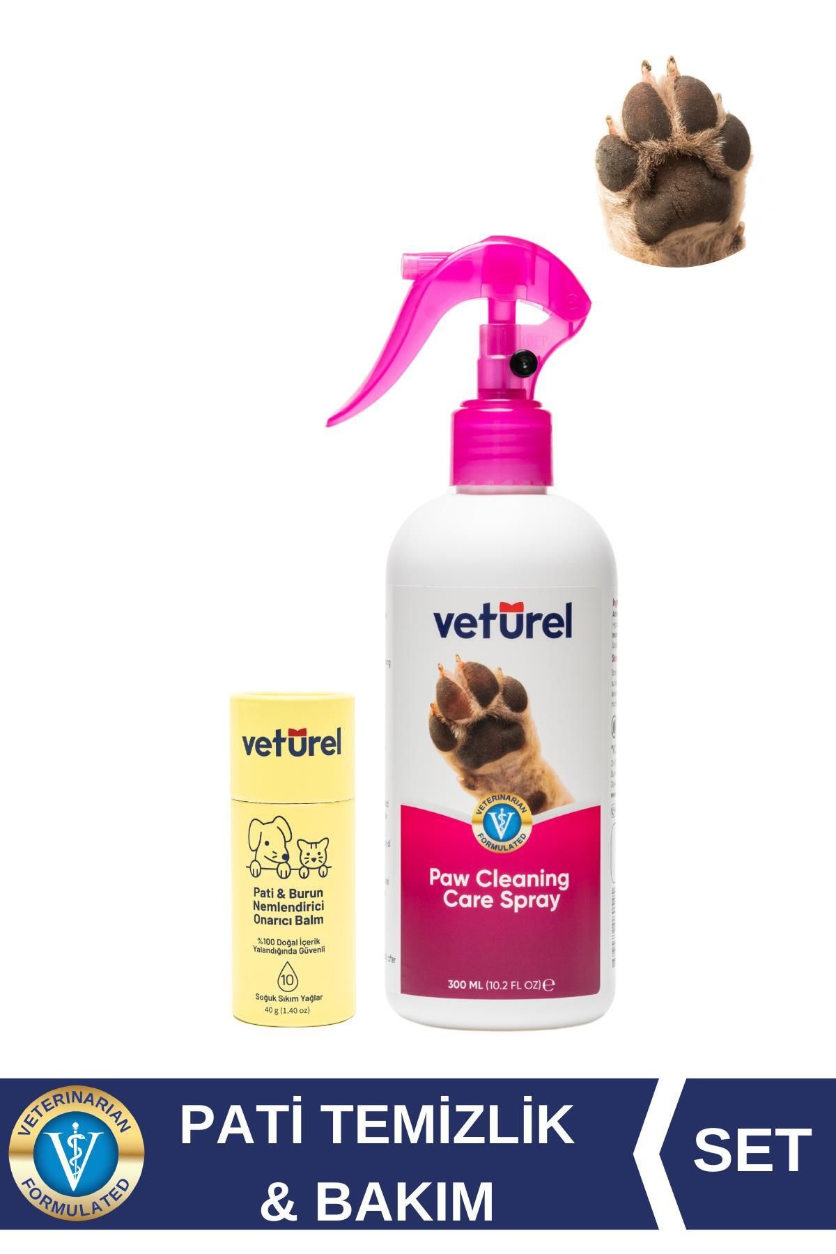 Veturel Pati Balm %100 Doğal Kedi Köpek Nemlendirici 40gr + Pati Temizleme Spreyi Koku ve Kir Giderici 300ml
