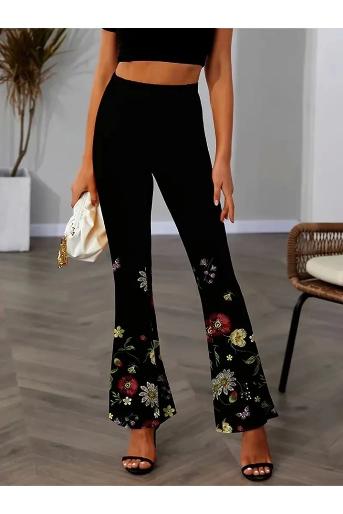 MODA Kadın Yüksek Belli çiçek Desenli Ispanyol Paçalı Dalgıç Tayt Pantolon