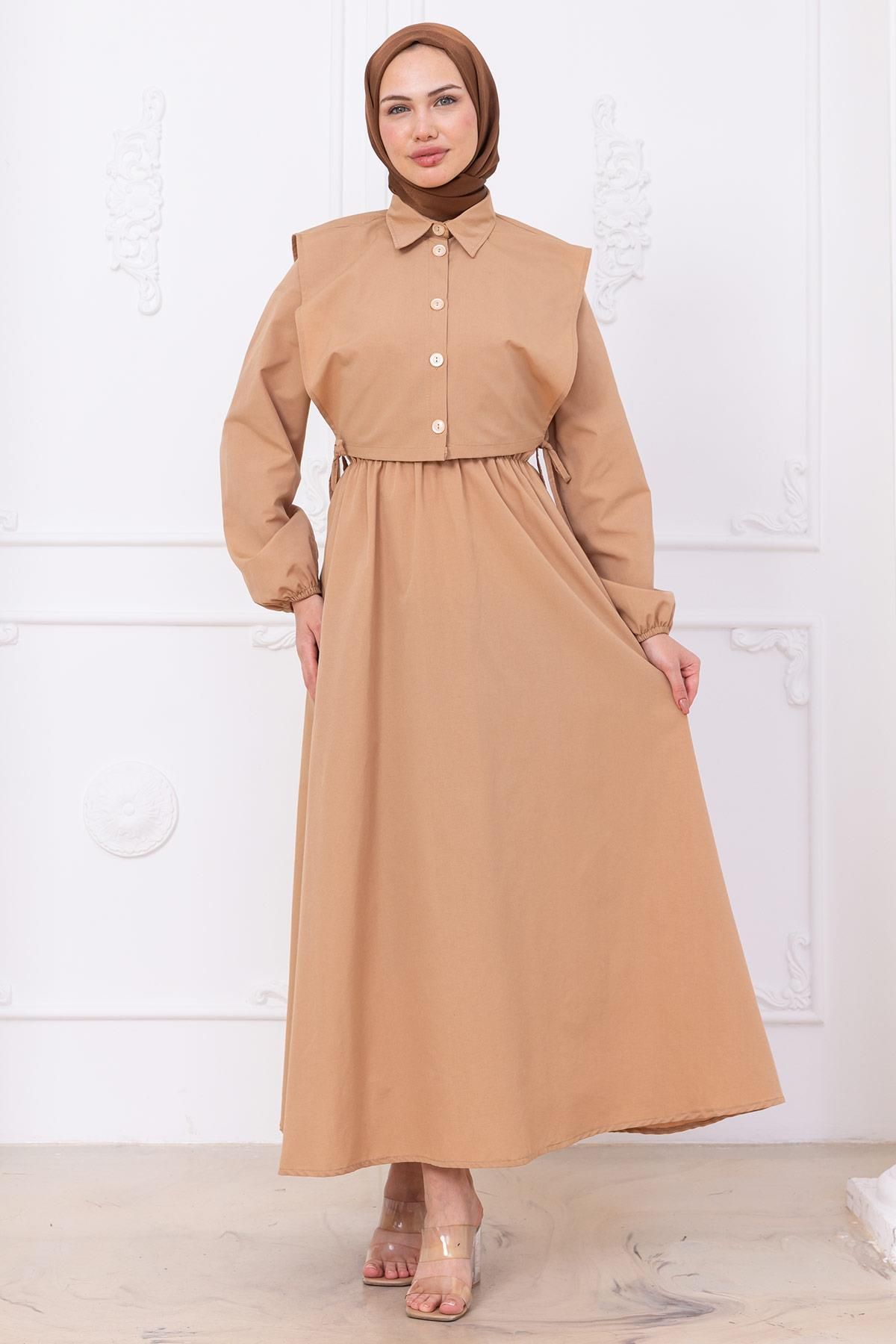 hafsamina Bolerolu Beli Lastikli Elbise Camel HM2756