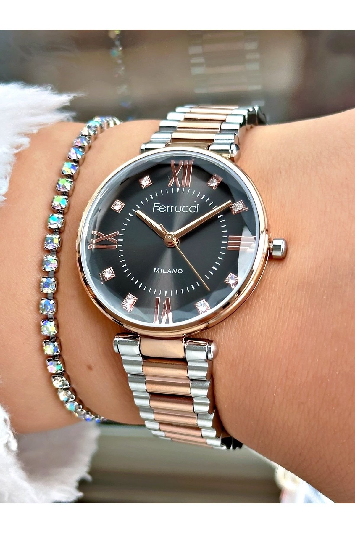 Ferrucci Rose Gold Gümüş Renk Sade Model Roma Rakamlı Çelik Kordon Kadın Kol Saati + BİLEKLİK