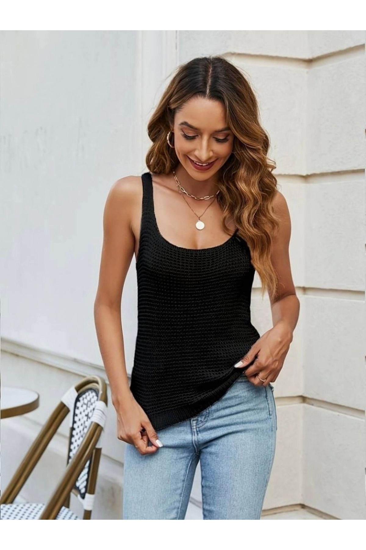 Butik Kadın Kolsuz U Yaka Askılı Triko Bluz