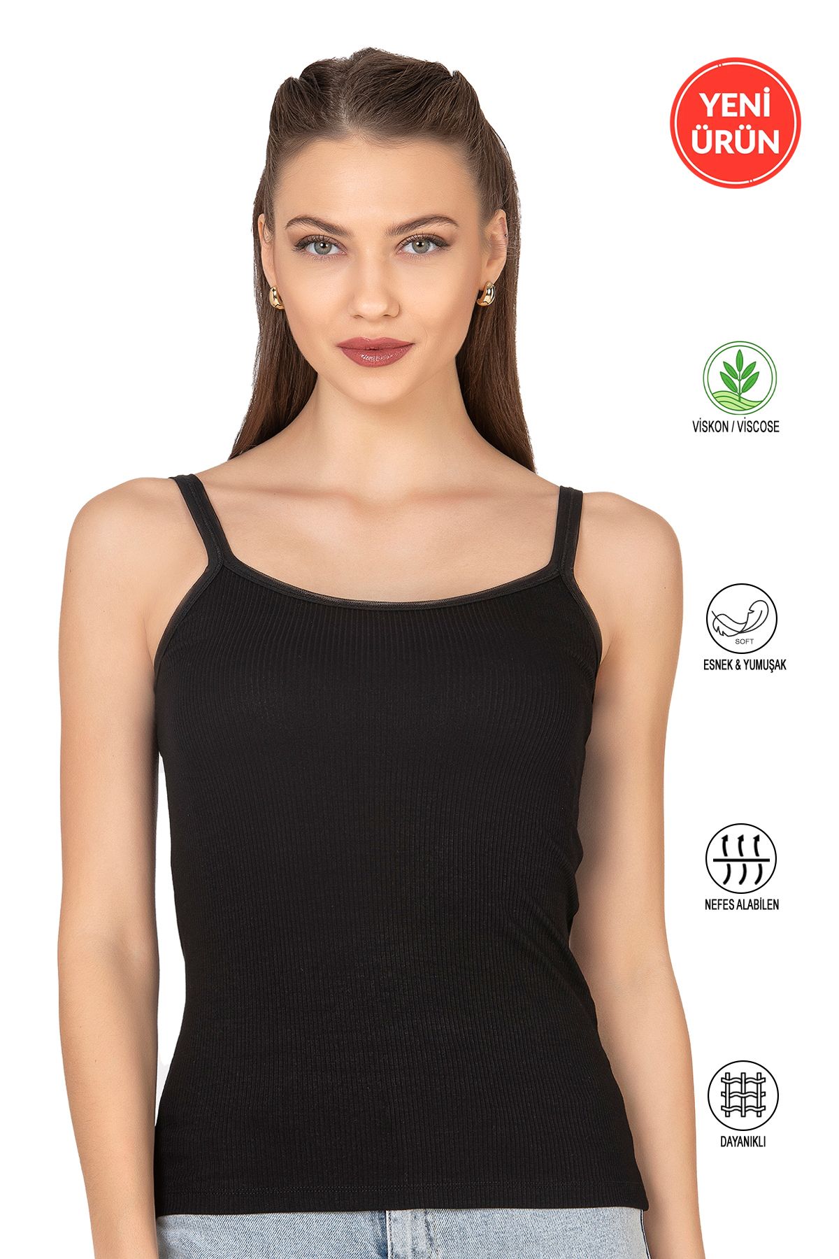 ÖZKAN underwear Özkan 27412 Kadın Viskon Kaşkorse Kumaş Esnek Rahat Tül Biyeli İp Askılı Atlet