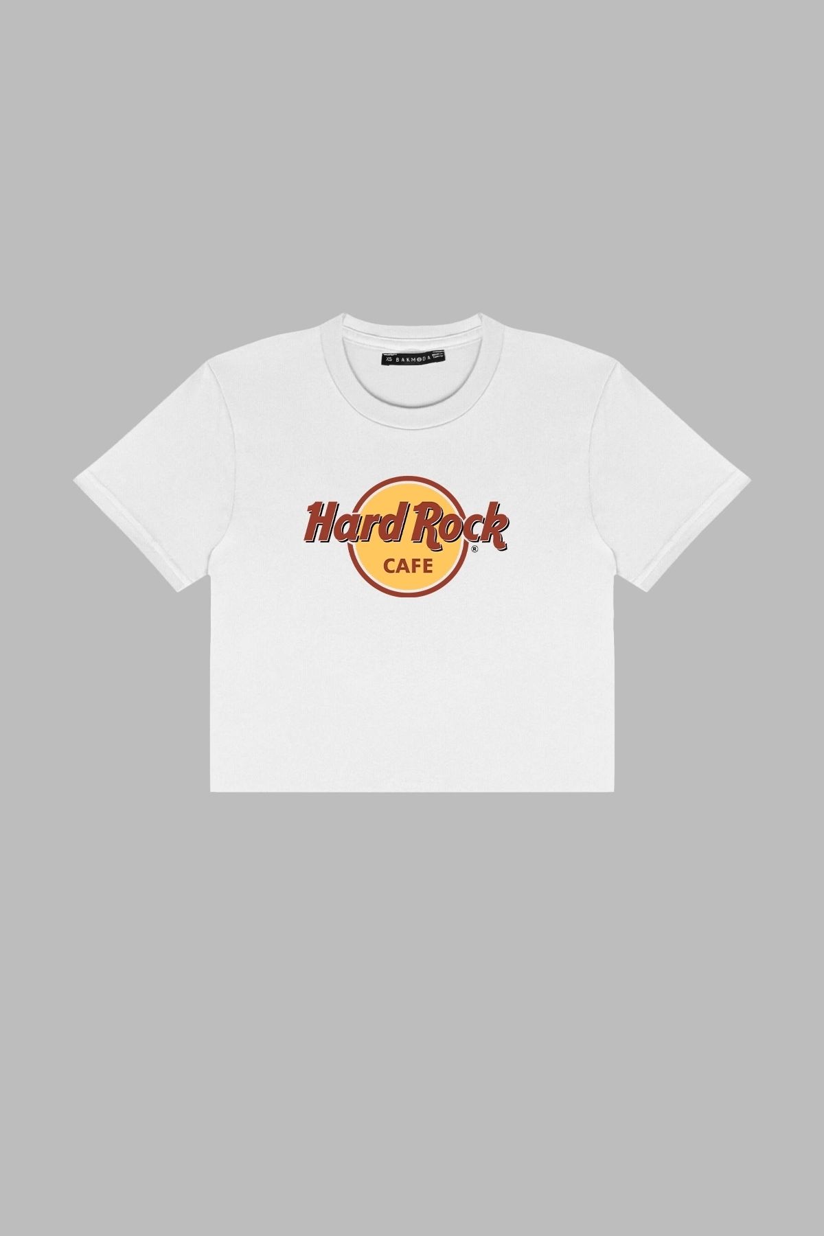 Sekizbiraltı Hard Rock Baskılı Beyaz Crop Top