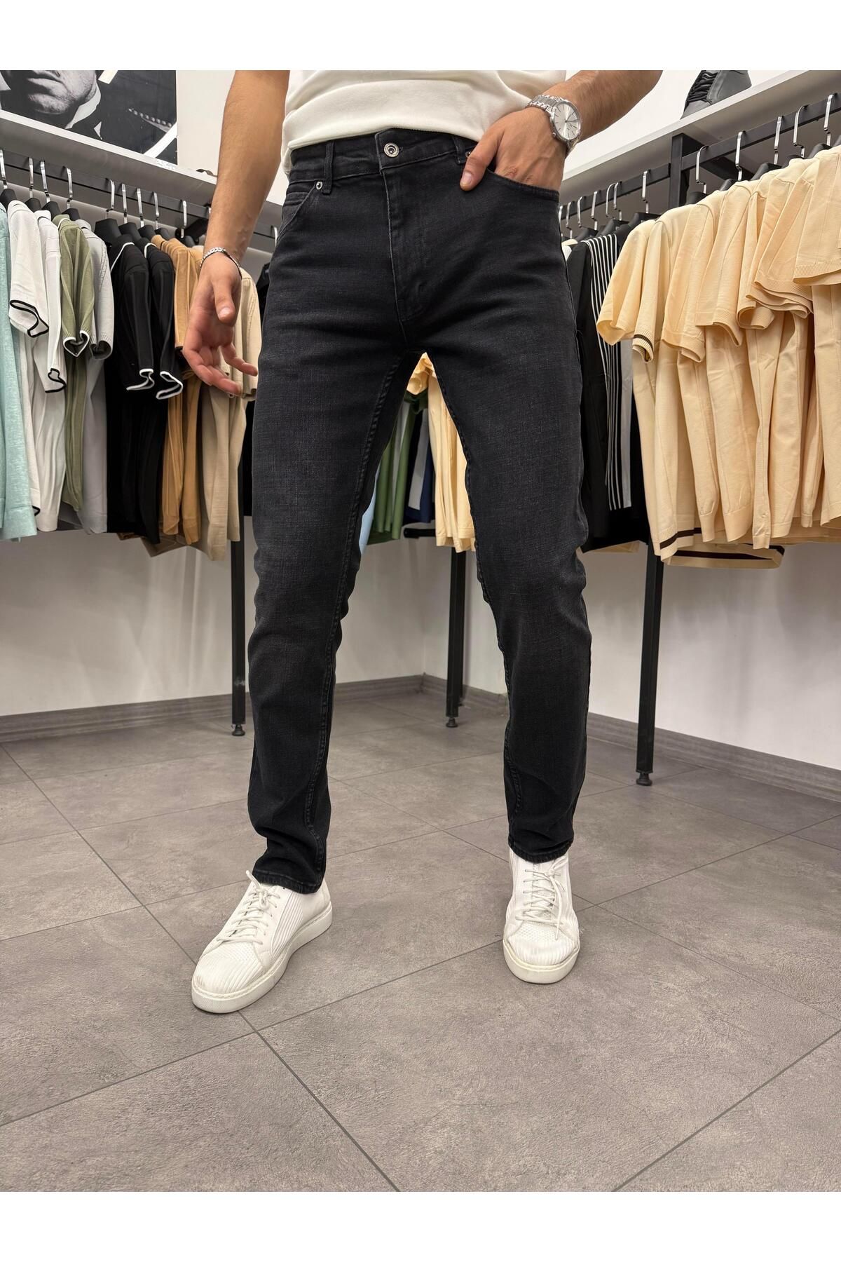 Butik Regular Kalıp Kot Pantolon Yıkamalı Antrasit