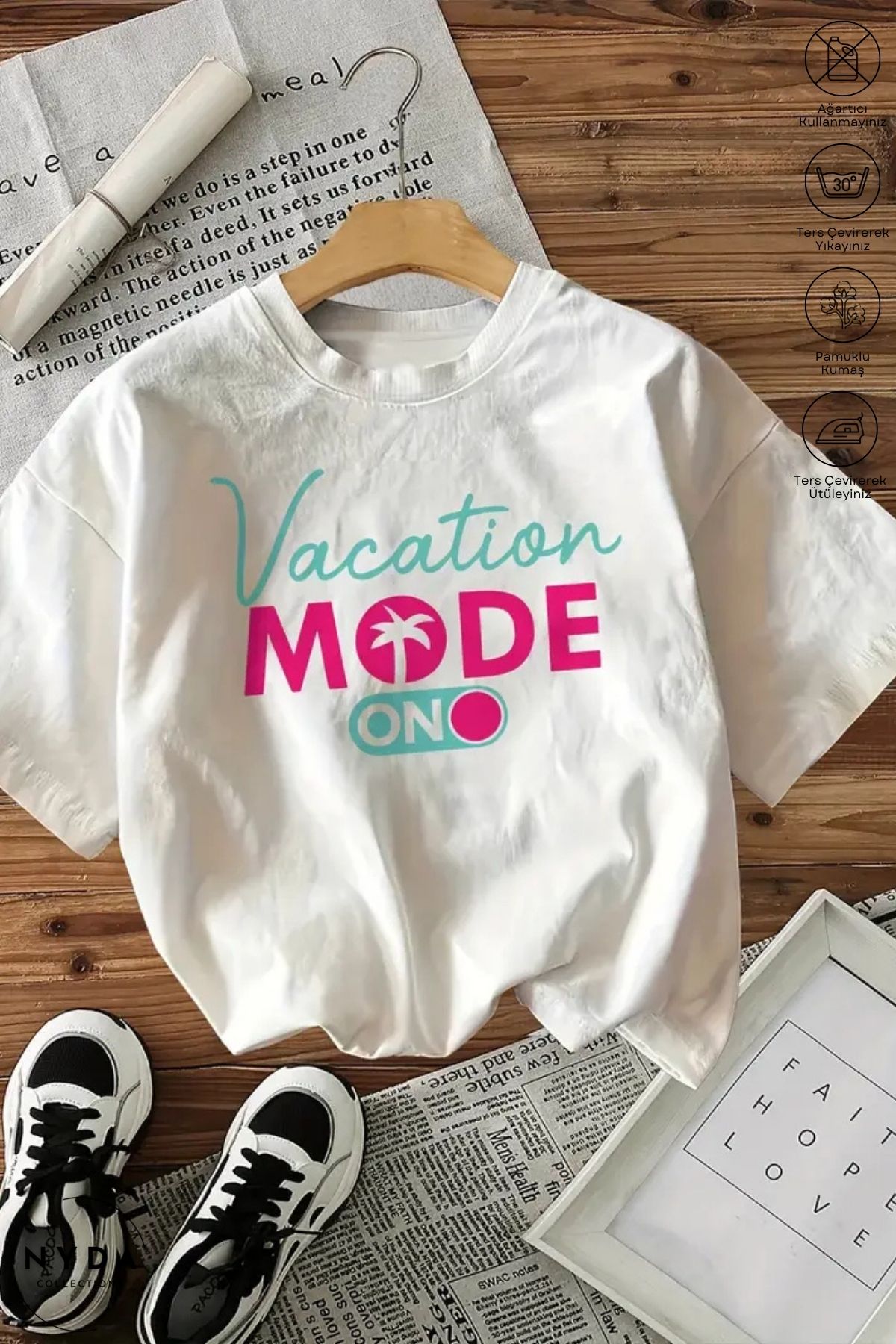 Nyda Collections Kadın Bisiklet Yaka Pinterest Baskılı Pamuk Oversize Kısa Kollu Tişört
