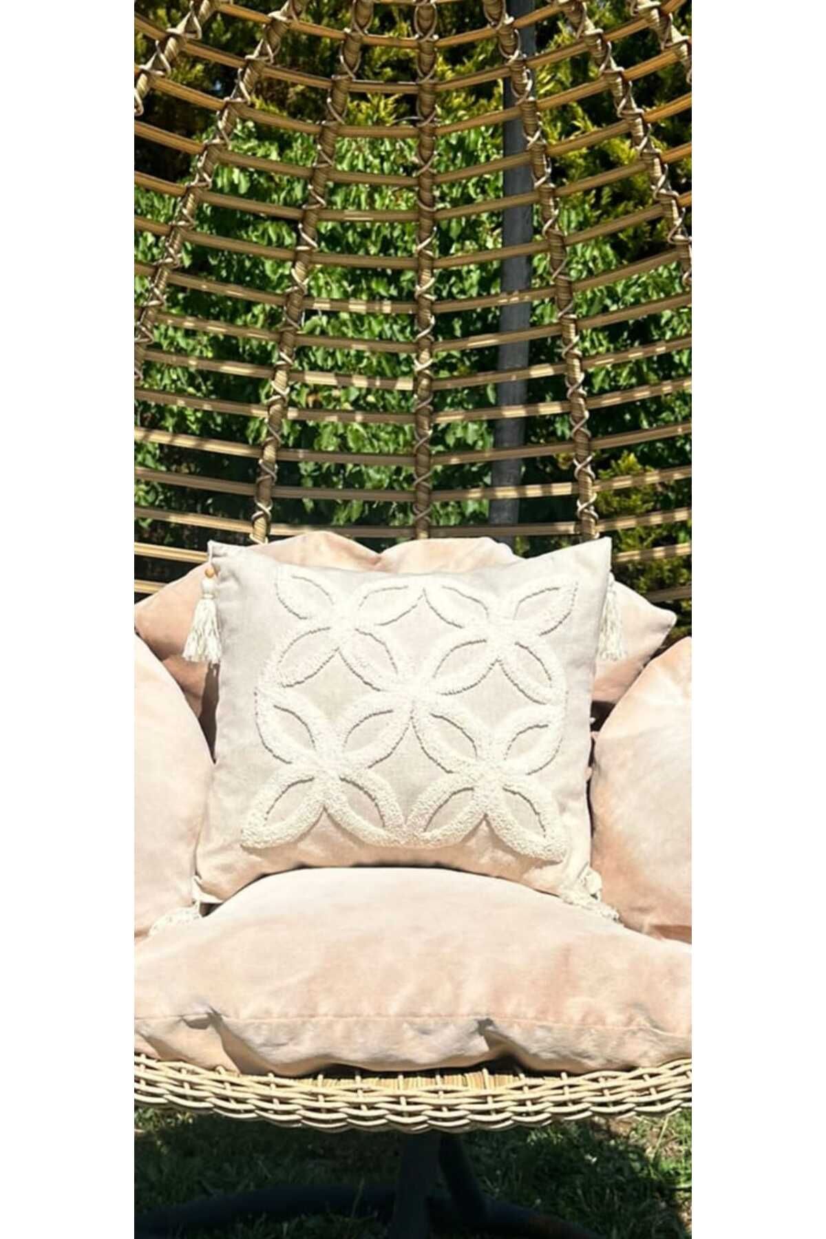 Home Bohem Tarz Krem El Emeği Ponponlu Salon Balkon Kırlent Yastık Kılıfı