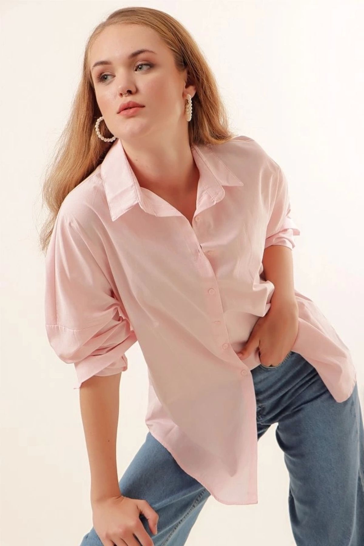 MODA 3900 Oversize Uzun Basic Gömlek Pudra