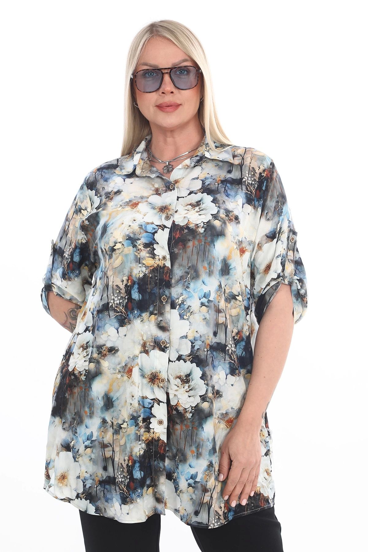 Lady Majestic %100 Viskon Büyük Beden Çiçekli Gömlek