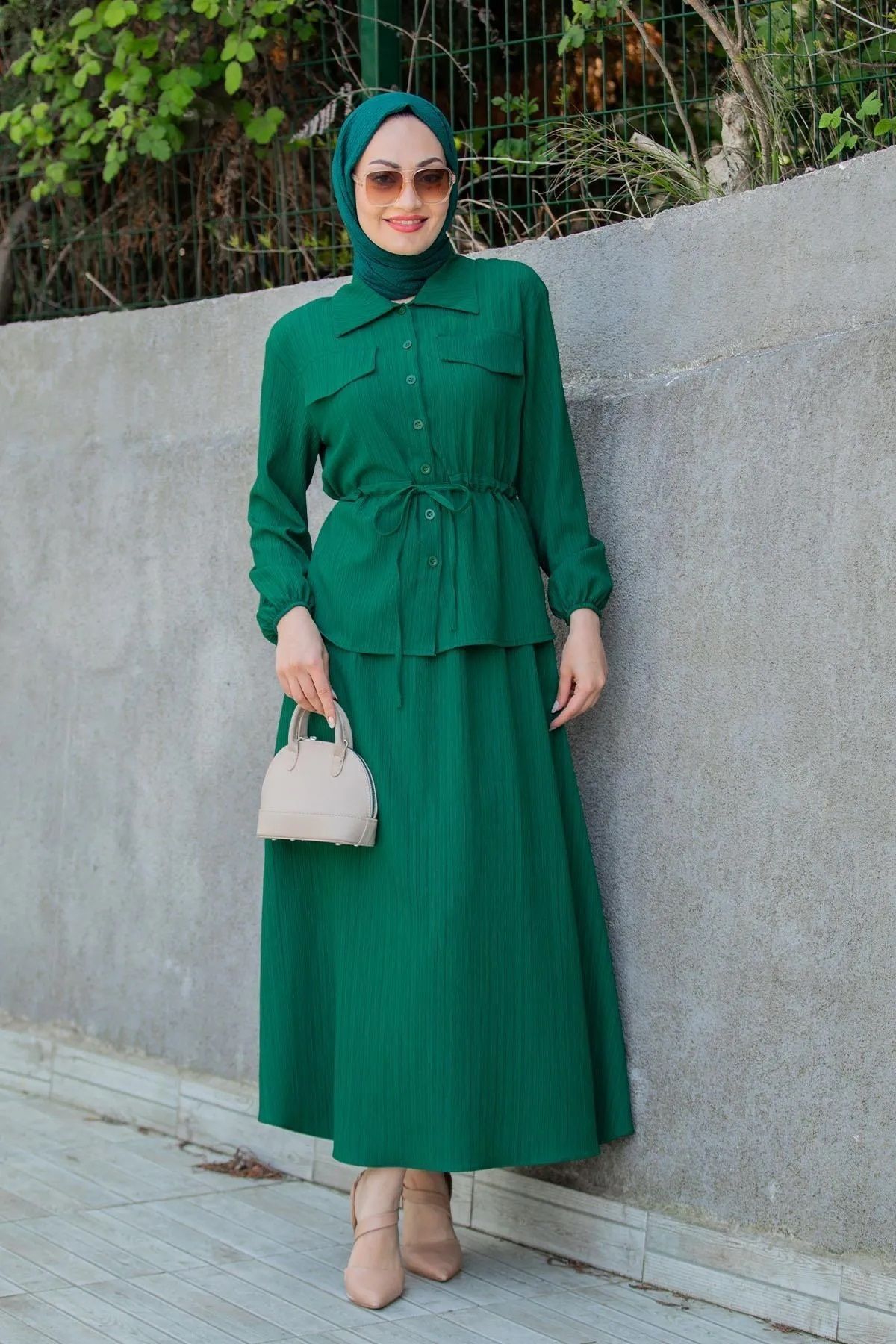 Trendy Butik Kadın Bahar Bluz Etek Takım-Zümrüt