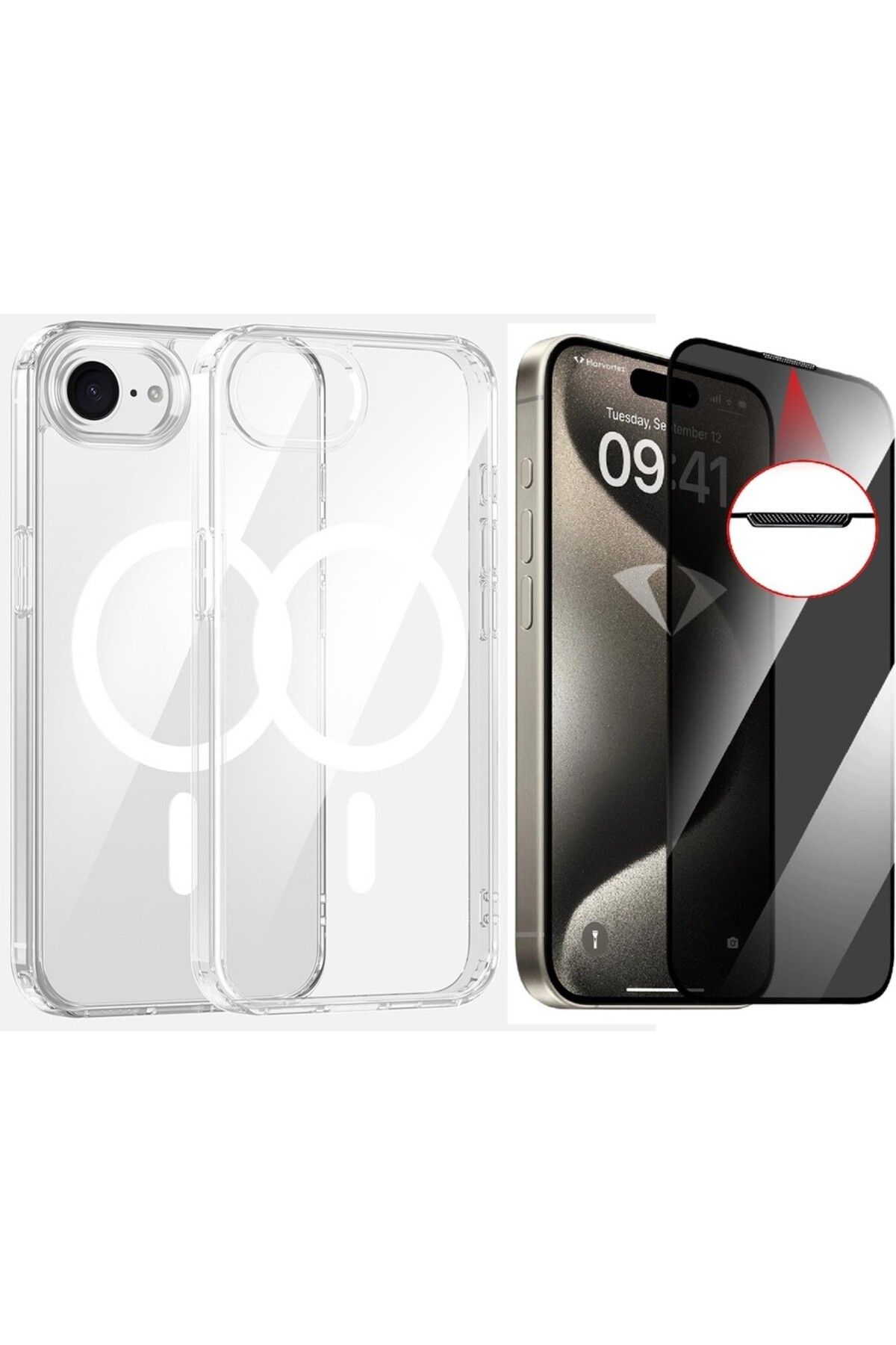 Vendas iPhone 16E Kılıf M-safe Şarj Özellikli Şeffaf Sert PC Zore Embos Kapak + Hayalet Ekran Koruyucu