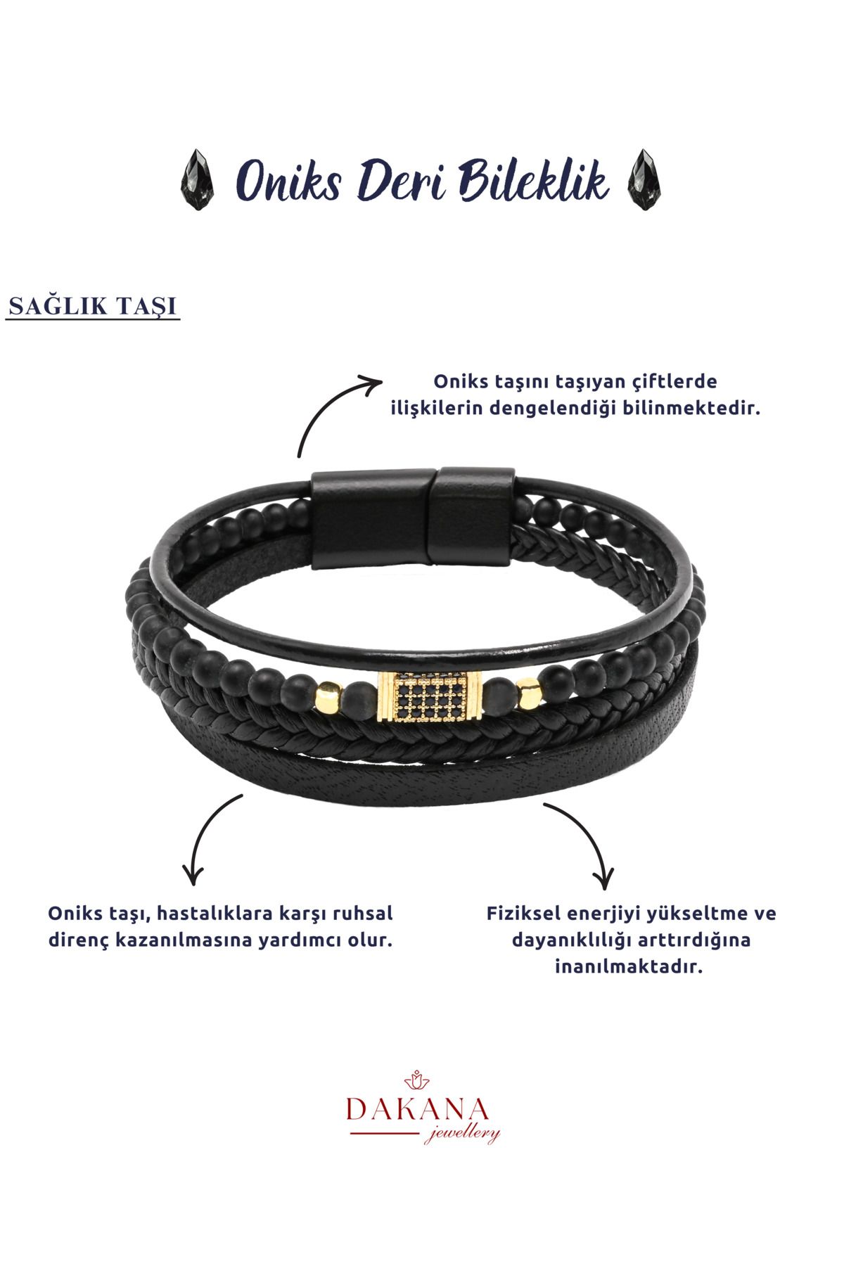 DAKANA JEWELLERY Sertifikalı Zirkon İşlemeli Oniks Doğal Taş Erkek Deri Bileklik