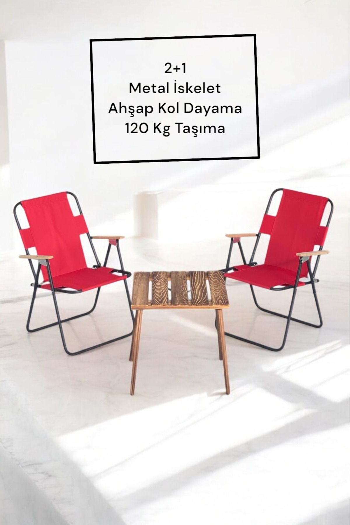onehediye 2+1 Ahşap Sehpalı Katlanır Portatif Plaj Kamp Piknik Sandaliyesi