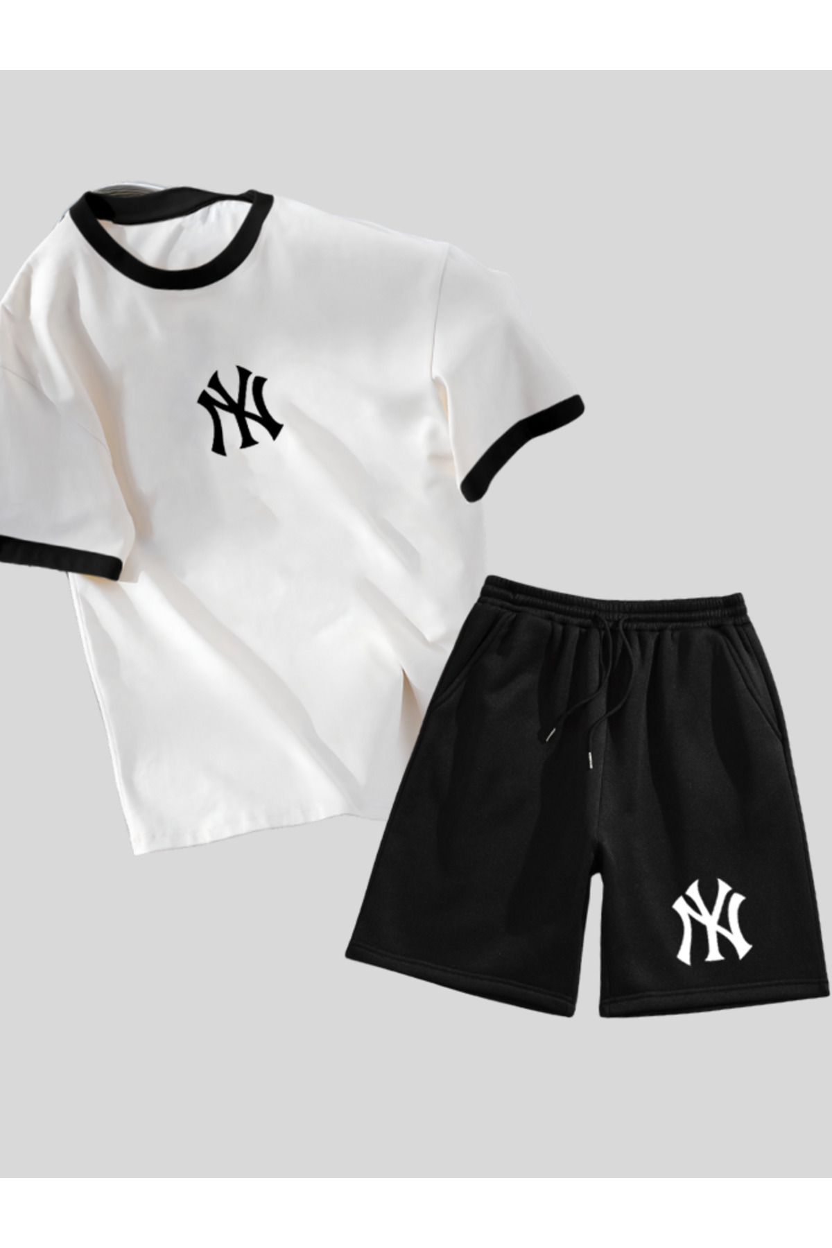 Revasser Unisex Kadın/Erkek Renkli Yaka NY Özel T-Shirt Alt Üst Özel Baskılı Şortlu Takım