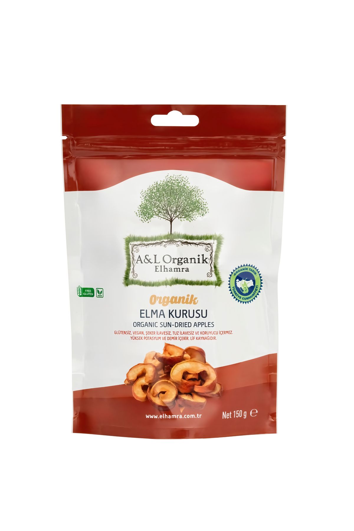 A&L ORGANİK ELHAMRA ORGANİK SERTİFİKALI ELMA KURUSU. 150g. GLÜTENSİZ. VEGAN. KATKI VE KORUYUCU İÇERMEZ. KAPADOKYA YÖRESİ