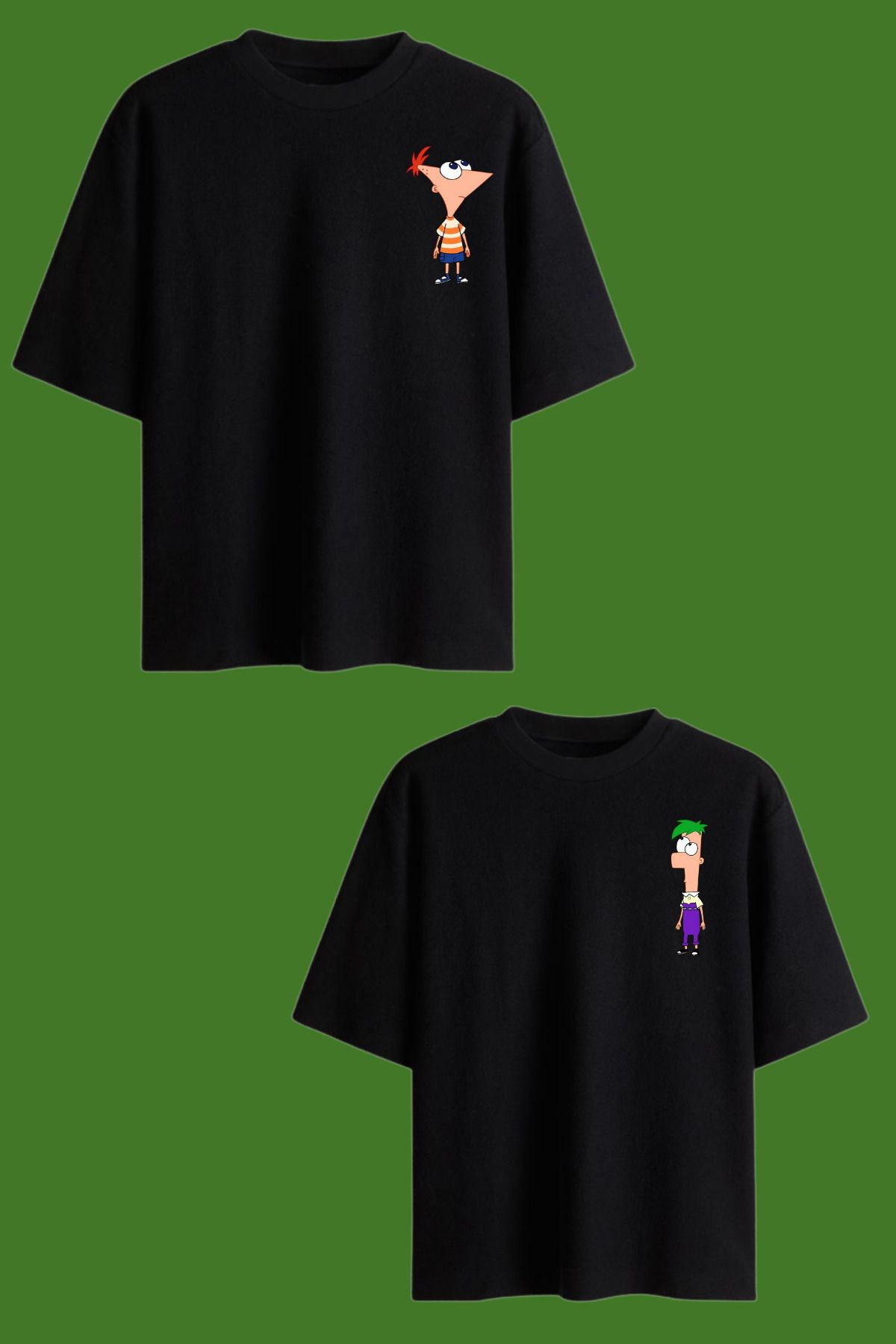 Dupe Design Phineas ve Ferb Baskılı Oversize Çift T-shirt