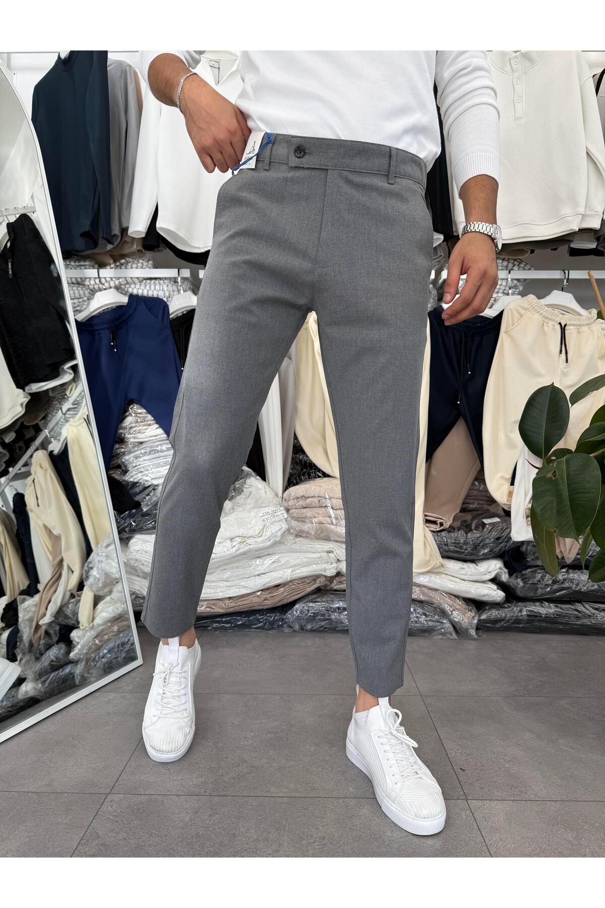 Butik %100 Likralı Slimfit Dil Detaylı Kumaş Pantolon Koyu Gri
