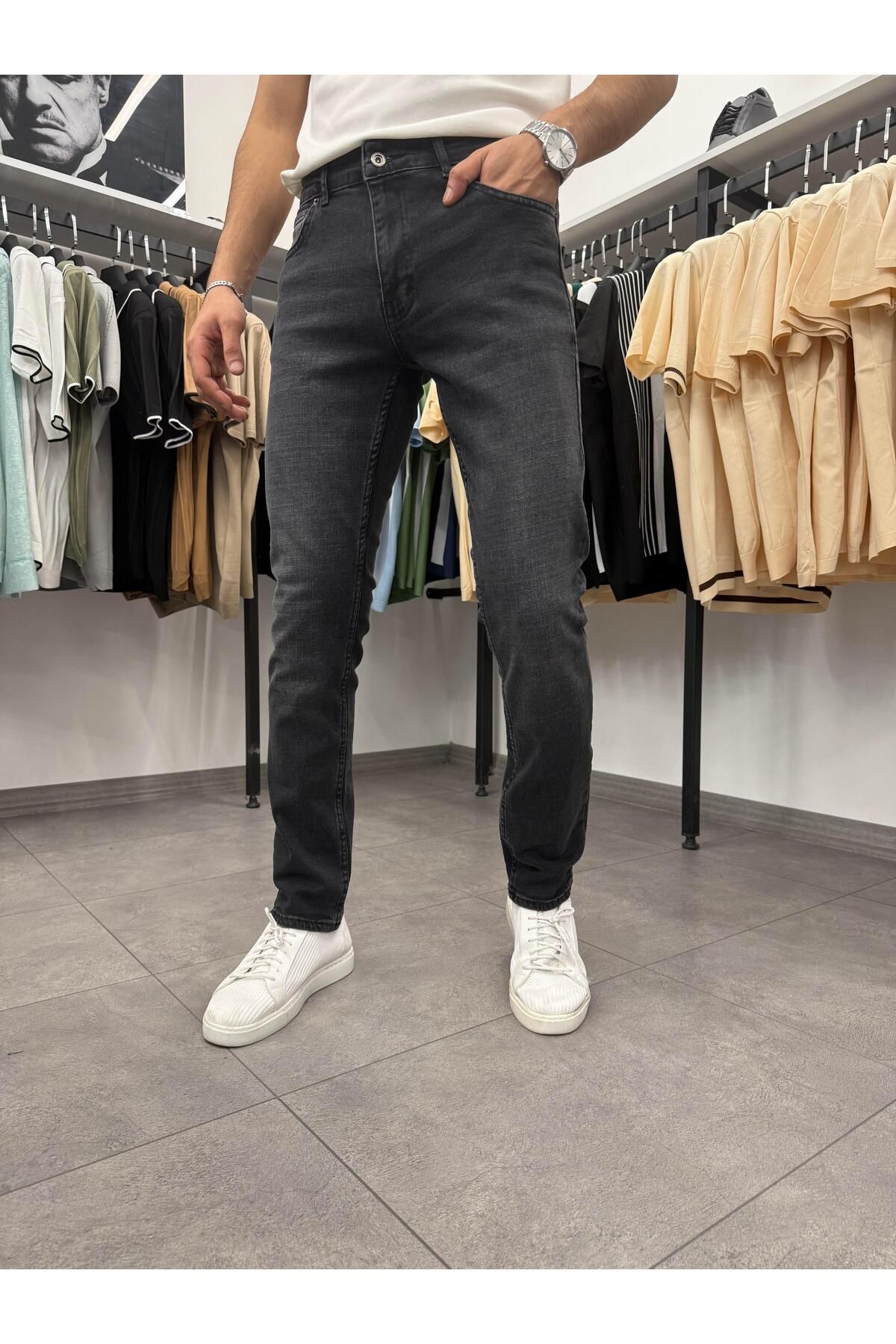 Butik Regular Kalıp Kot Pantolon Yıkamalı Gri