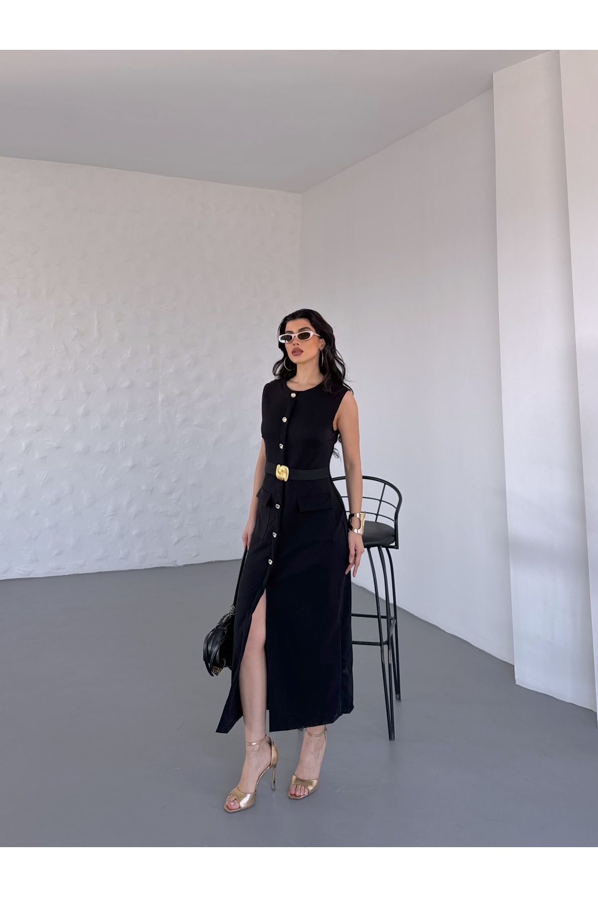 DİMA FASHİON Kadın Sıfır Kol Gold Aksesuarlı Elbise Trend Collection