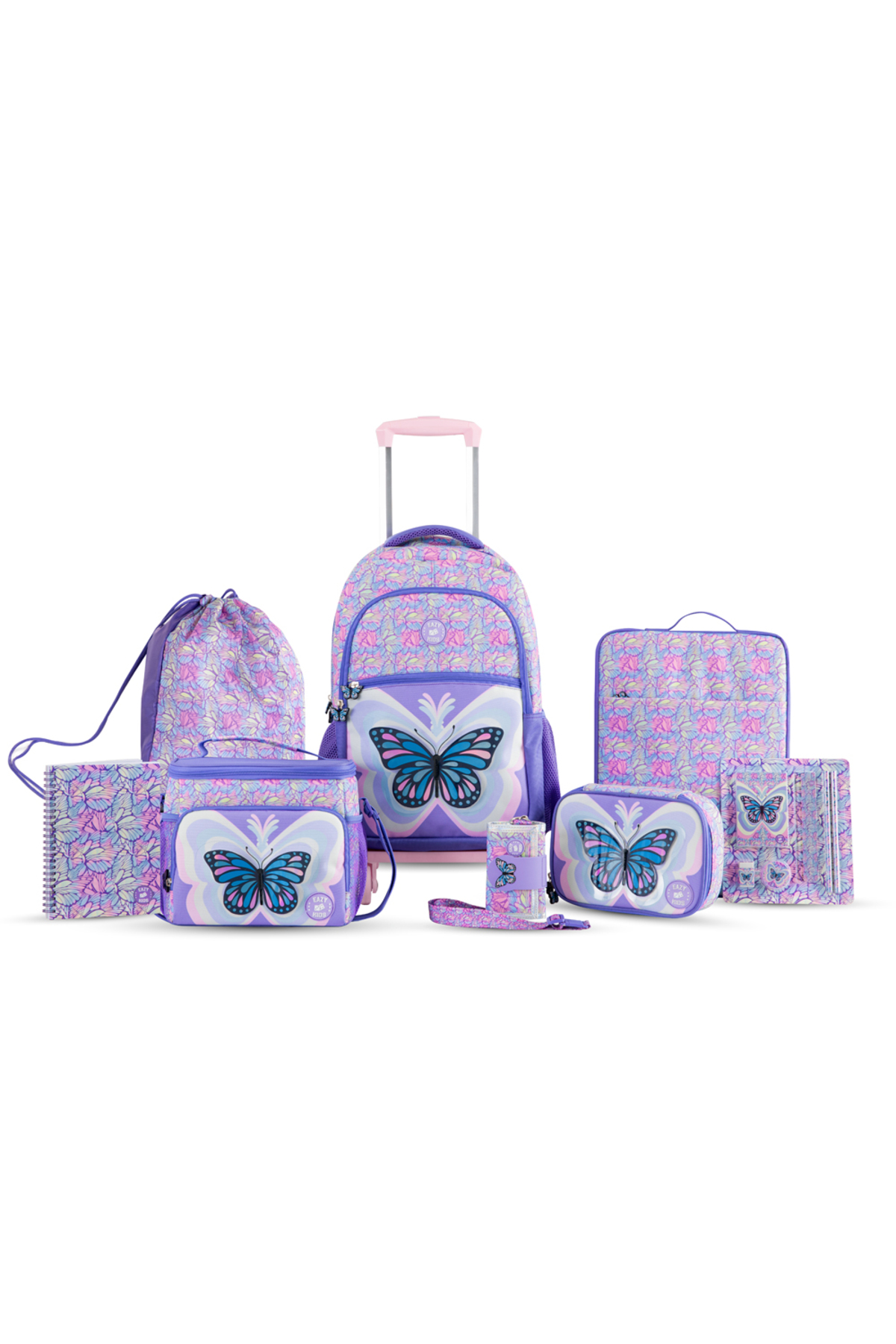 Eazy Kids 18" Set of 9 Backpack w/ 4 Wheel Trolley, Lunch Bag and Pencil Case - 3D Butterfly Purple