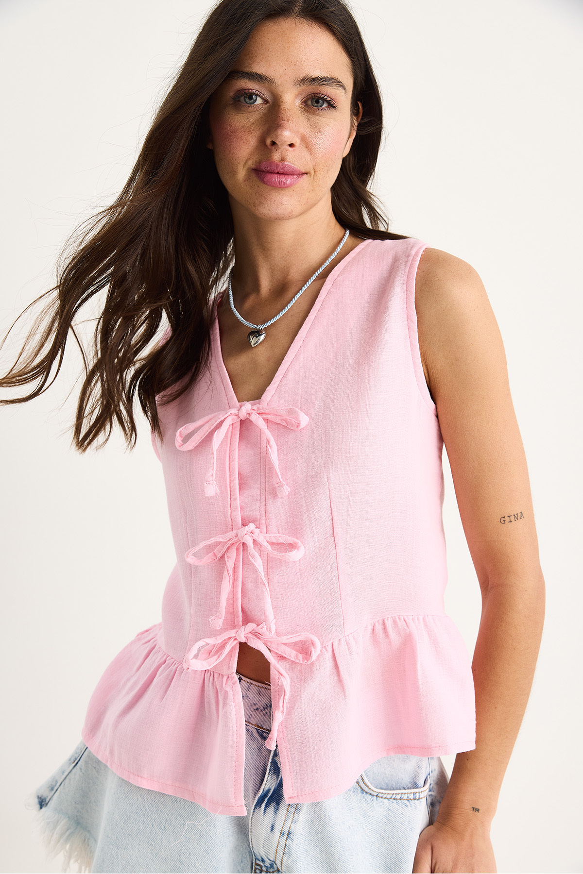 LUCCI V-Neck Crepe Blouse with Bow Tie 2