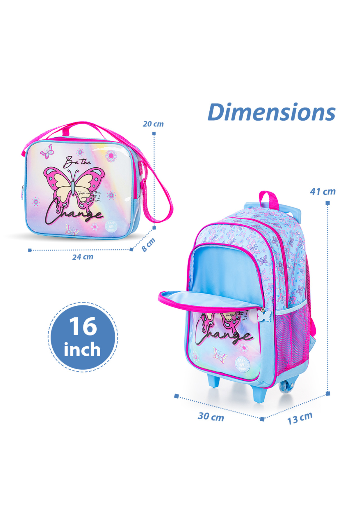 Eazy Kids-Set of 5 Trolley 16" School Bag Combo - Butterfly 8
