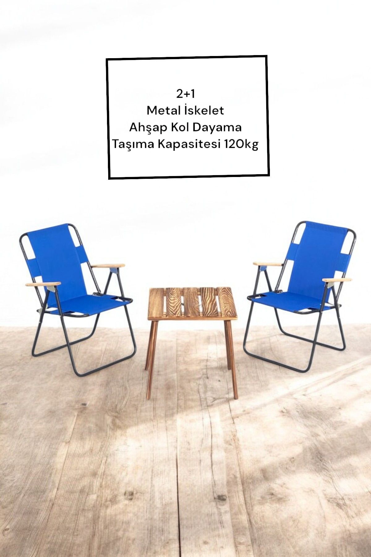 onehediye 2+1 Ahşap Sehpalı Katlanır Portatif Plaj Kamp Piknik Sandaliyesi