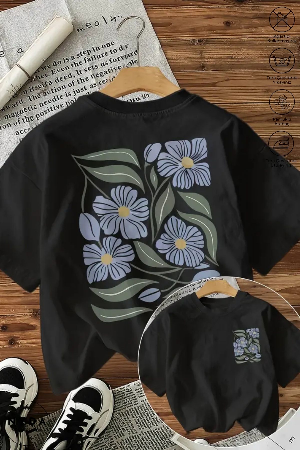 Nyda Collections Kadın Bisiklet Yaka Pinterest Baskılı Pamuk Oversize Kısa Kollu Tişört